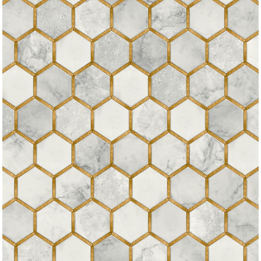 NextWall Faux Alaska Grey and Metallic Gold Inlay Hexagon Geometric 20.5 in. x 18 ft. Peel and Stick Wallpaper NW38605 Home Depot