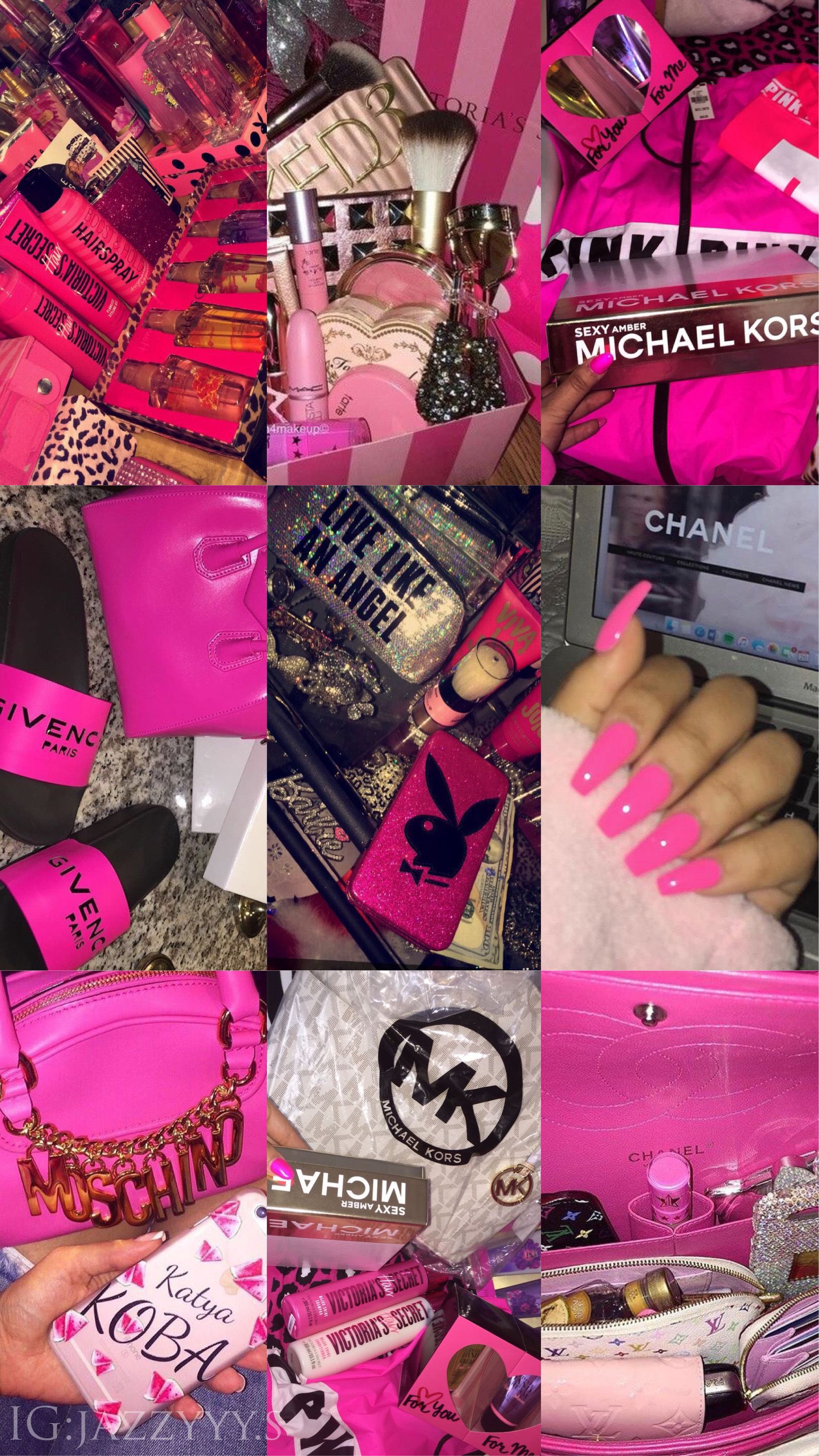 hot #pink #collage #nails #slides #VS #barbie #MK #clothes #bags. Pink wallpaper girly, Pink wallpaper iphone, Pink neon wallpaper