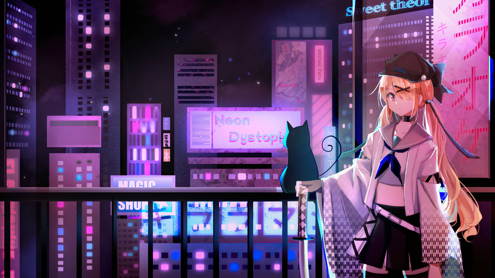 Download Neon Purple Anime Girl And Cat Wallpaper