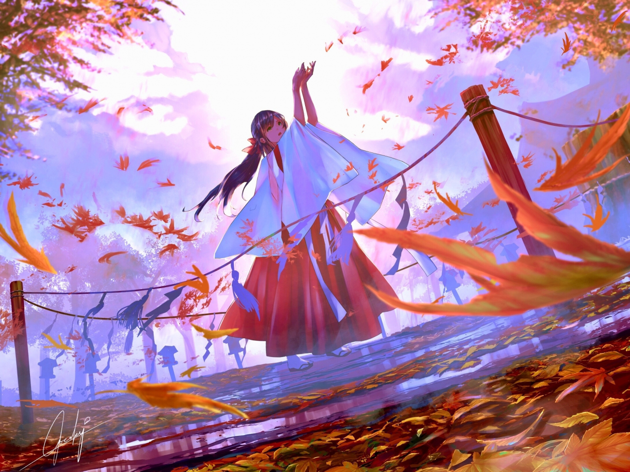 Download wallpaper 1280x960 autumn, leaves, beautiful anime girl, original, standard 4:3 fullscreen 1280x960 HD background, 26608
