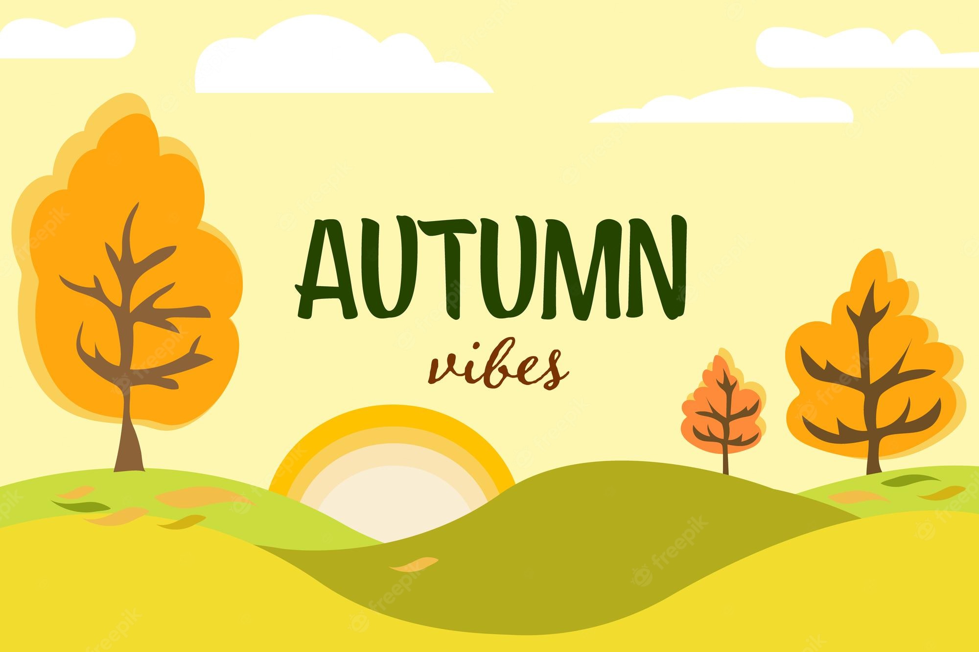 Premium Vector. Autumn wallpaper with falling leaves trees sun and inscription autumn vibes background for fall season thanksgiving invitation