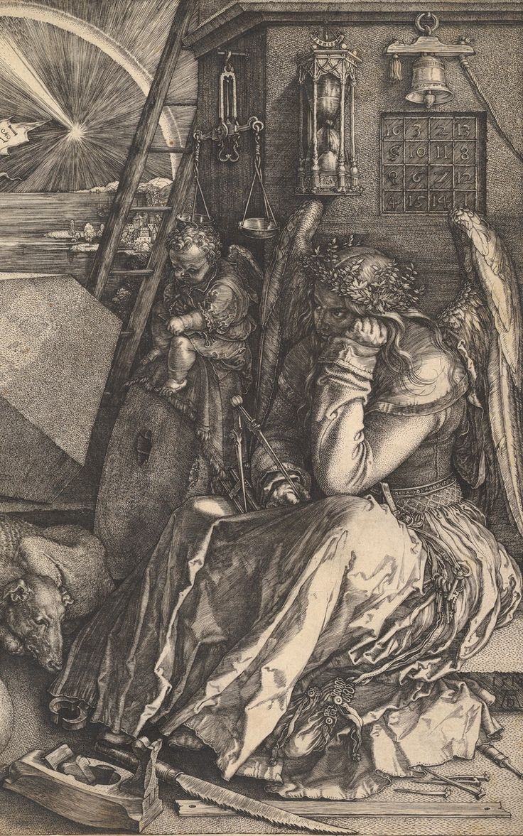 Wallpaper engraving albrecht durer melancholy putto winged genius. Arte, Cuadros