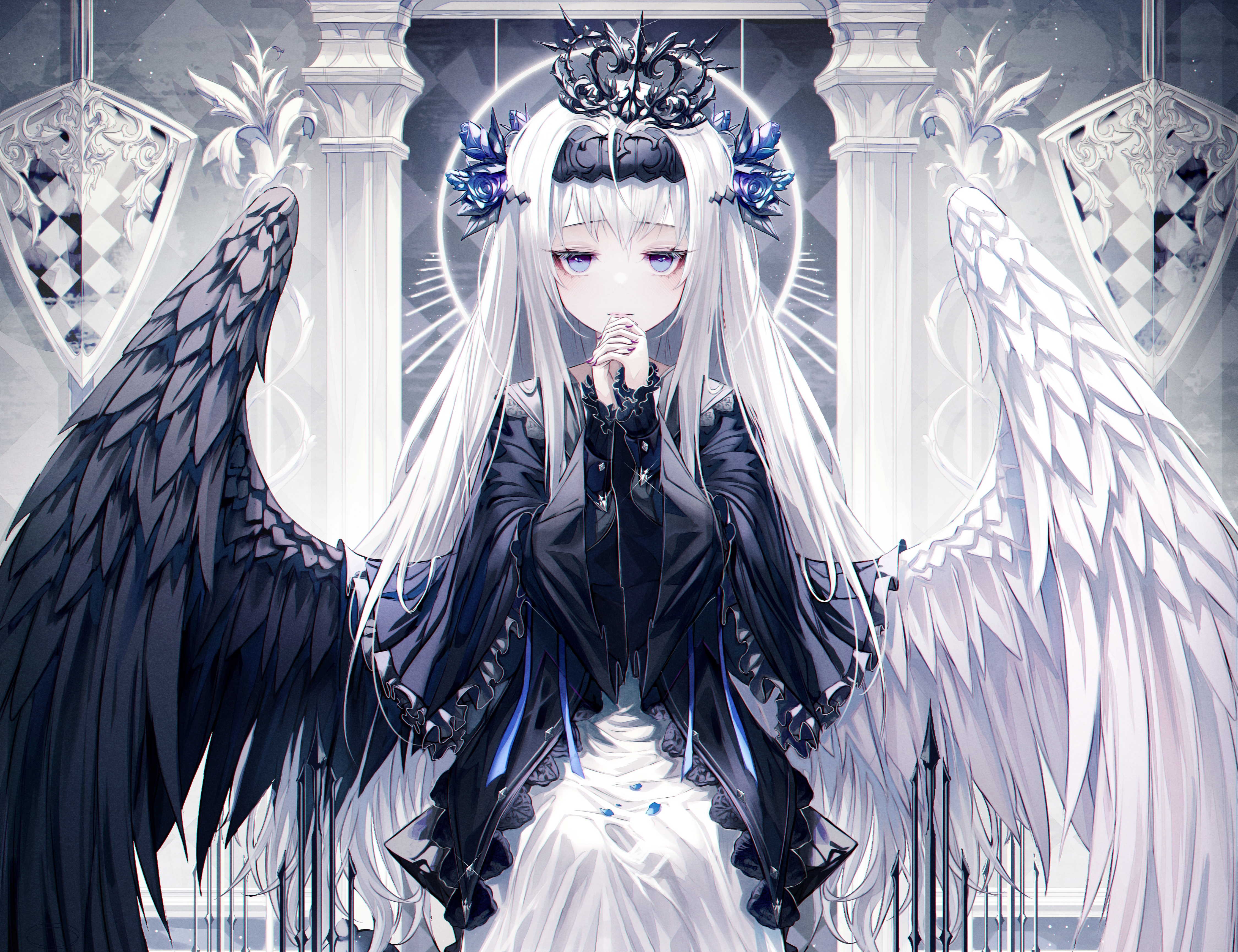 Download 1125x2436 Gothic Anime Girl, Lolita Fashion, Polychromatic, White Hair, Wings, Angel And Devil Wallpaper for iPhone 11 Pro & X