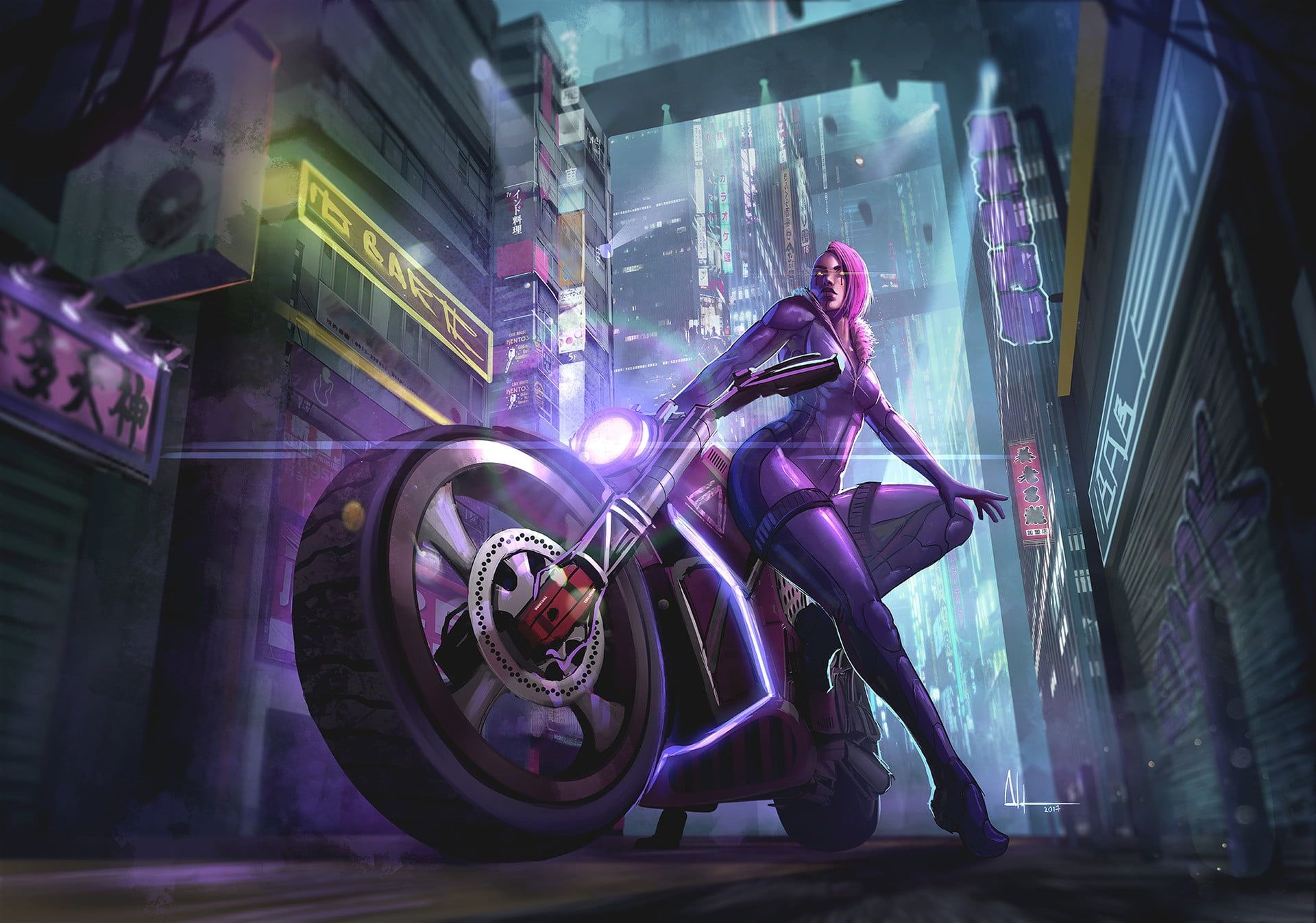 Sci Fi #Cyberpunk #City #Futuristic #Girl #Motorcycle Pink Hair #Woman P #wallpaper #hdwallpaper #desktop. Sci fi wallpaper, Cyberpunk, Cyberpunk art