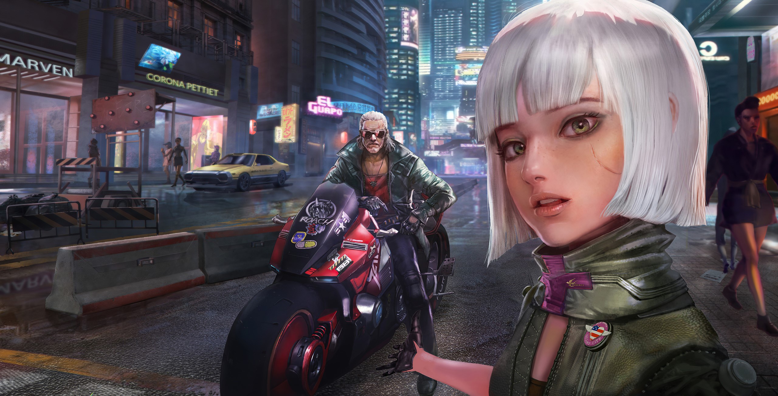 Cyberpunk Futuristic Girl Man Motorcycle White Hair HD wallc