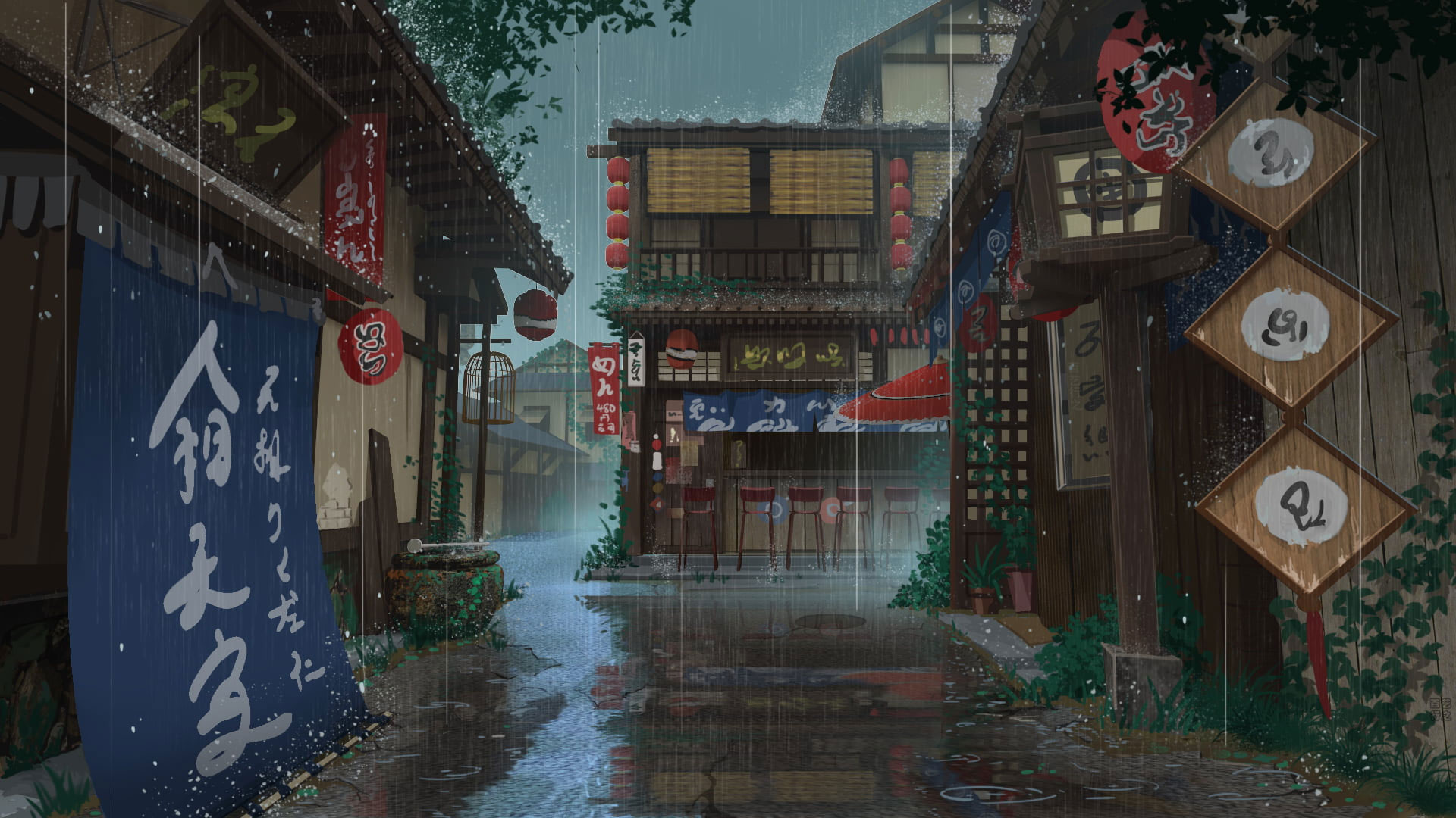 Wallpaper Anime, Original, House, Rain, Street • Wallpaper For You