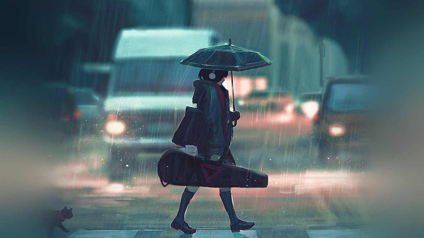 wallpaper for desktop, laptop. rainy day anime paint girl art illustration