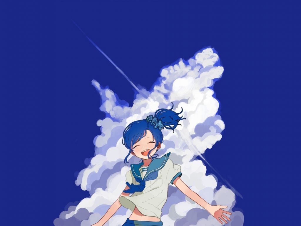Wallpaper happy mood, clouds, blue sky, anime girl desktop wallpaper, HD image, picture, background, 5f9c4c
