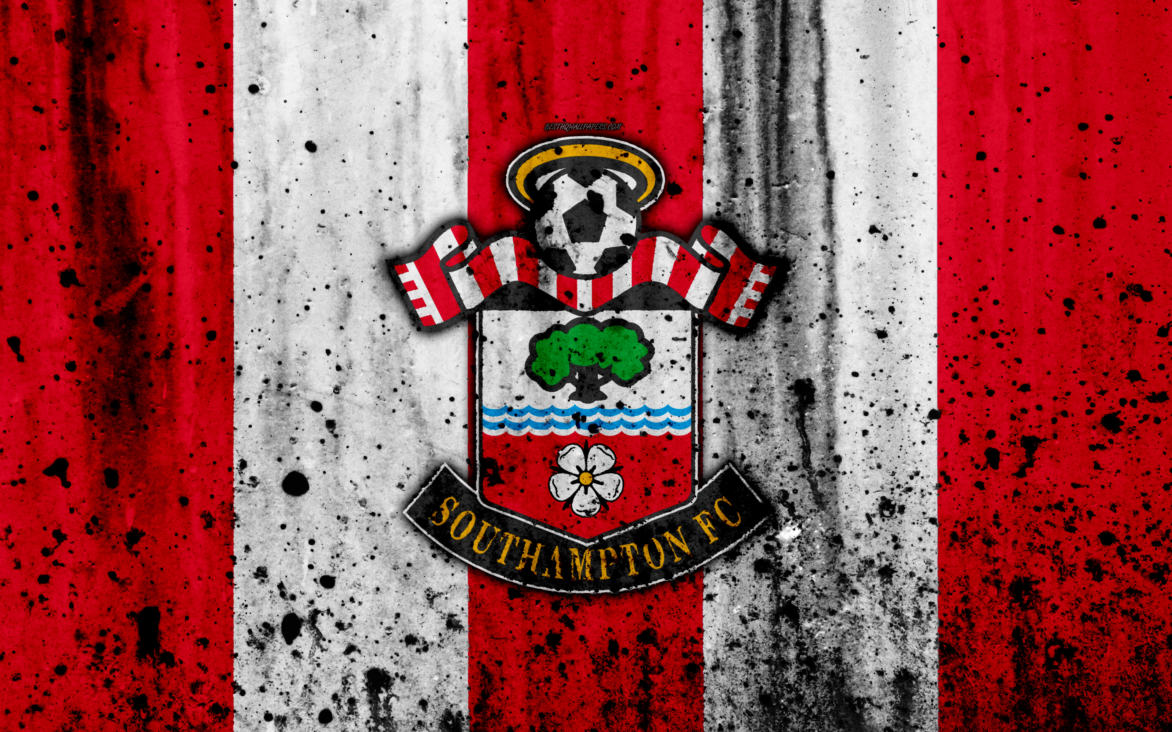 Download wallpaper FC Southampton, 4k, Premier League, logo, England, soccer, football club, grunge, Southampton, art, stone texture, Southampton FC for desktop with resolution 3840x2400. High Quality HD picture wallpaper