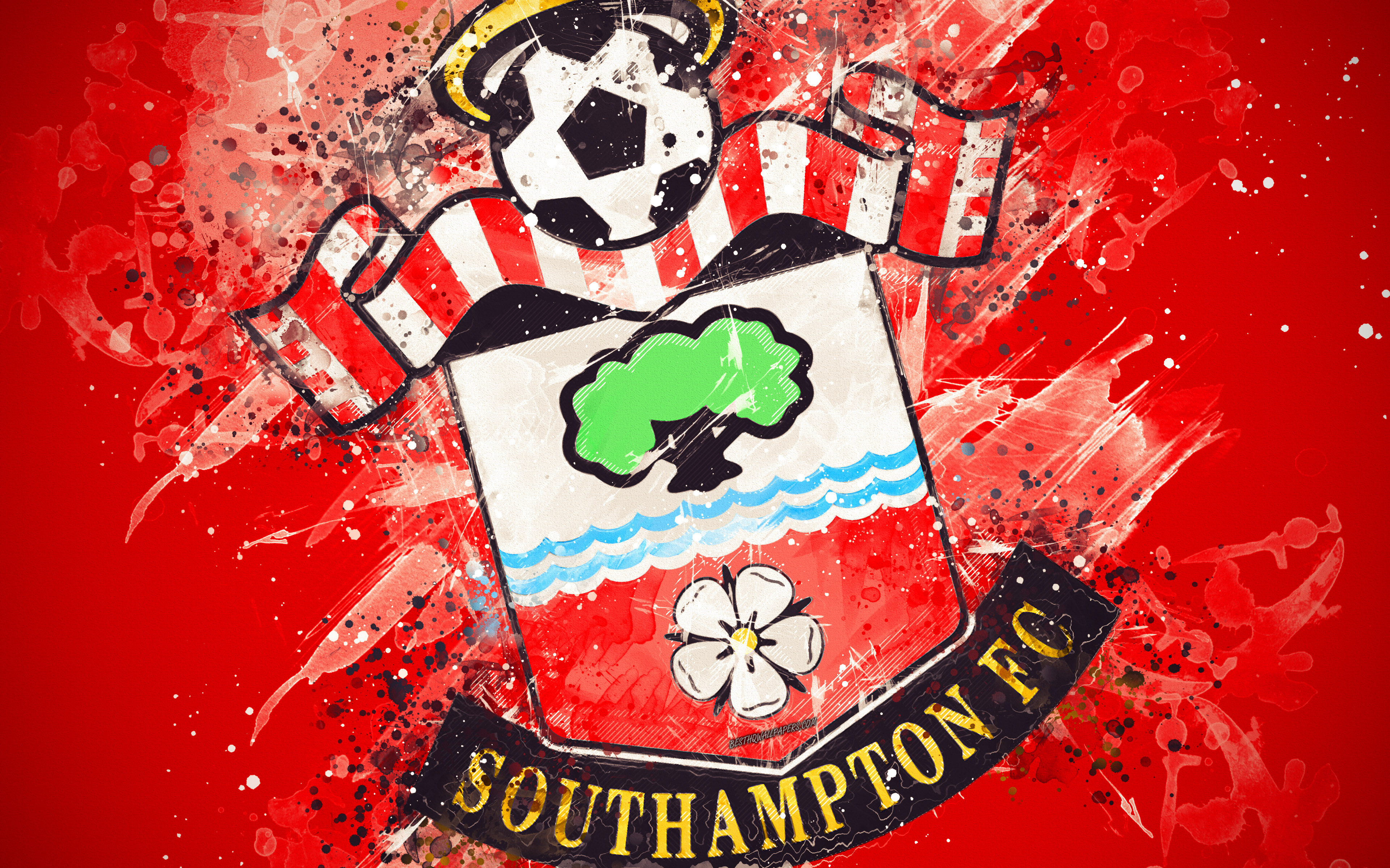 Download wallpaper Southampton FC, 4k, paint art, logo, creative, English football team, Premier League, emblem, red background, grunge style, Southampton, England, UK, football for desktop with resolution 3840x2400. High Quality HD picture