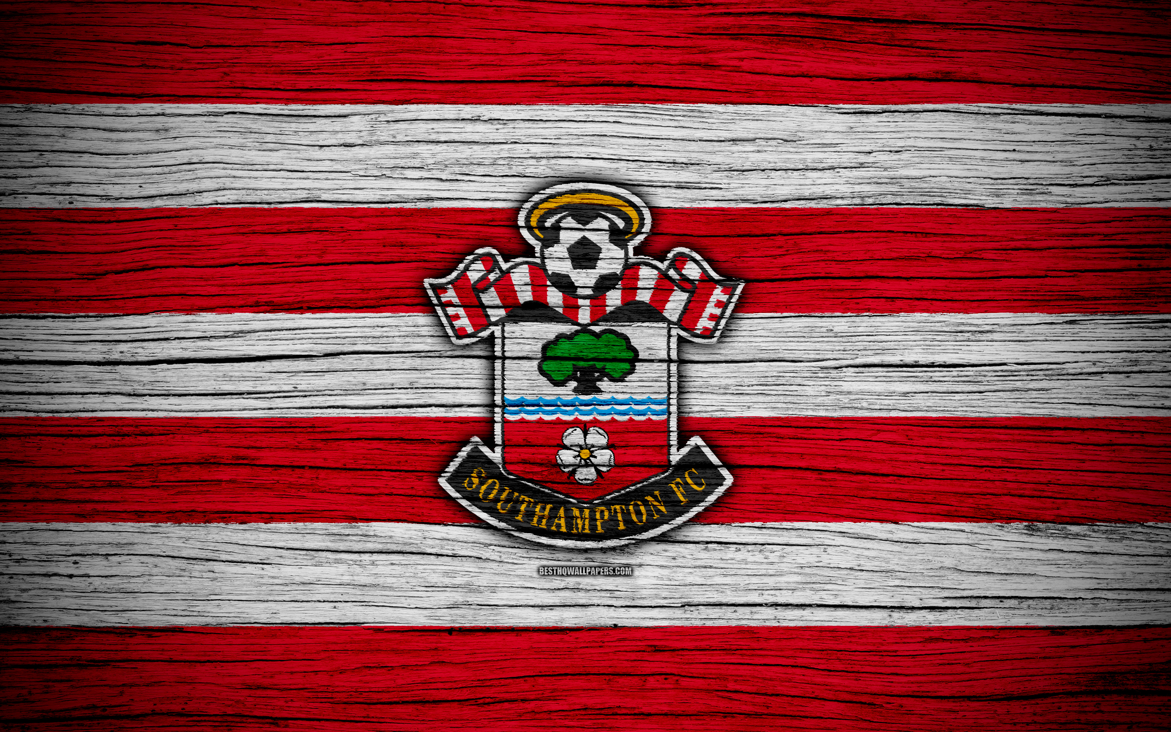 Download wallpaper Southampton, 4k, Premier League, logo, England, wooden texture, FC Southampton, soccer, football, Southampton FC for desktop with resolution 3840x2400. High Quality HD picture wallpaper