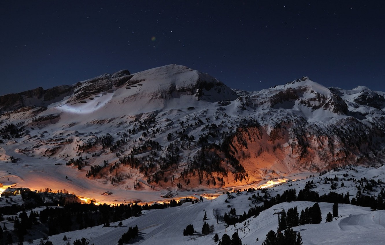 Wallpaper snow, mountains, night, ski resort image for desktop, section природа