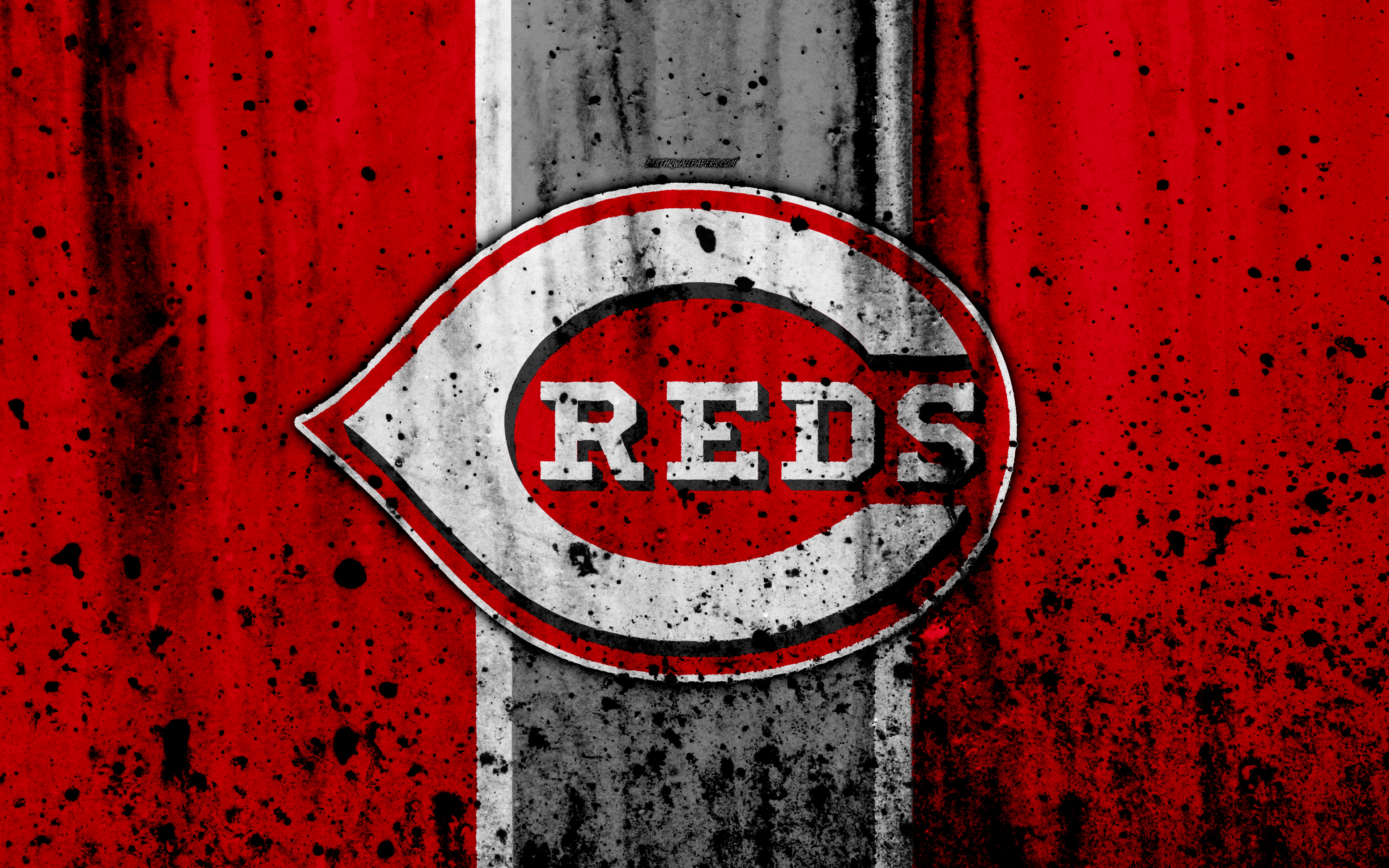 Download wallpaper 4k, Cincinnati Reds, grunge, baseball club, MLB, America, USA, Major League Baseball, stone texture, baseball for desktop with resolution 3840x2400. High Quality HD picture wallpaper