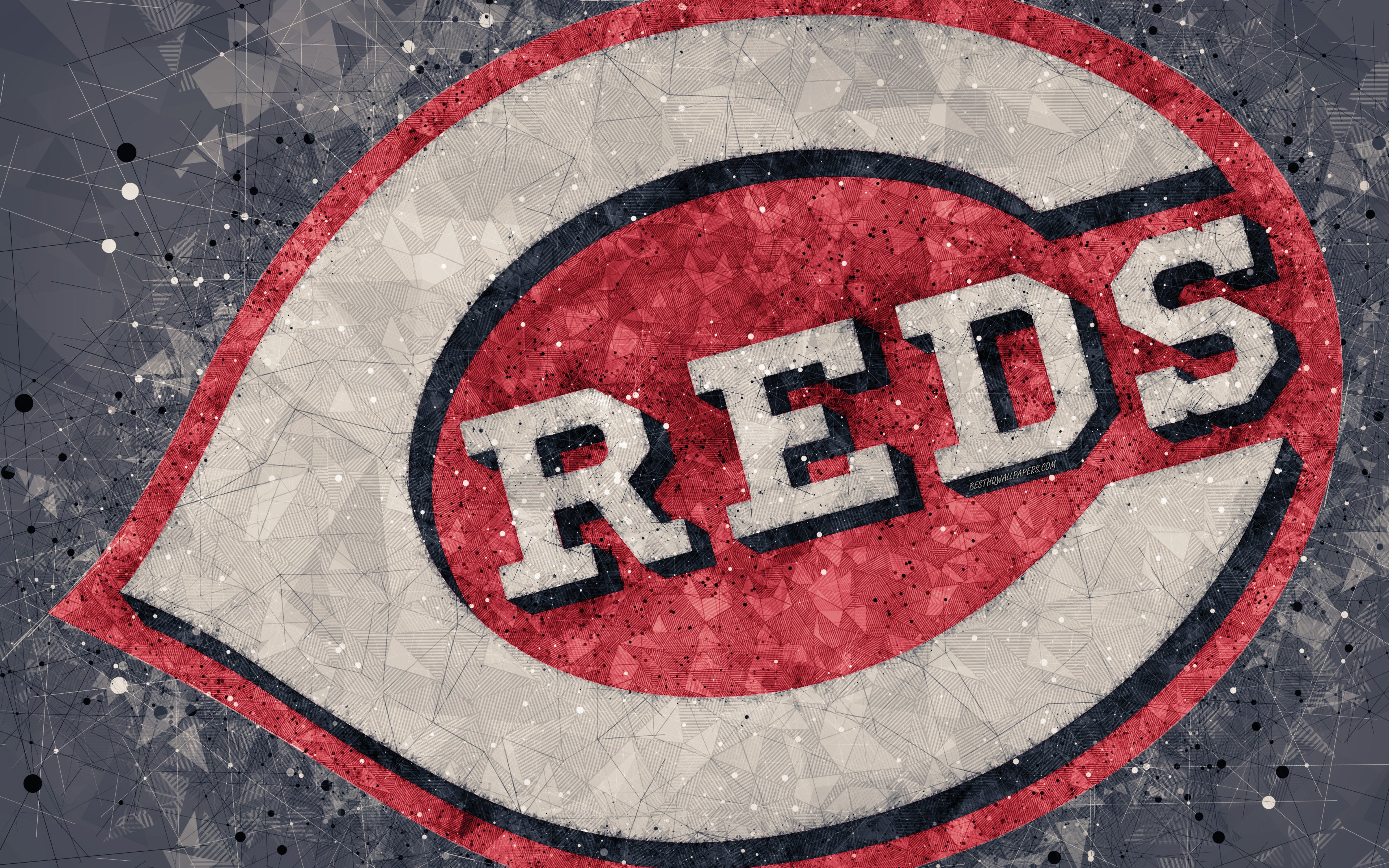 Download wallpaper Cincinnati Reds, 4k, American baseball club, geometric art, gray abstract background, National League, MLB, Cincinnati, Ohio, USA, baseball, Major League Baseball for desktop with resolution 3840x2400. High Quality HD picture