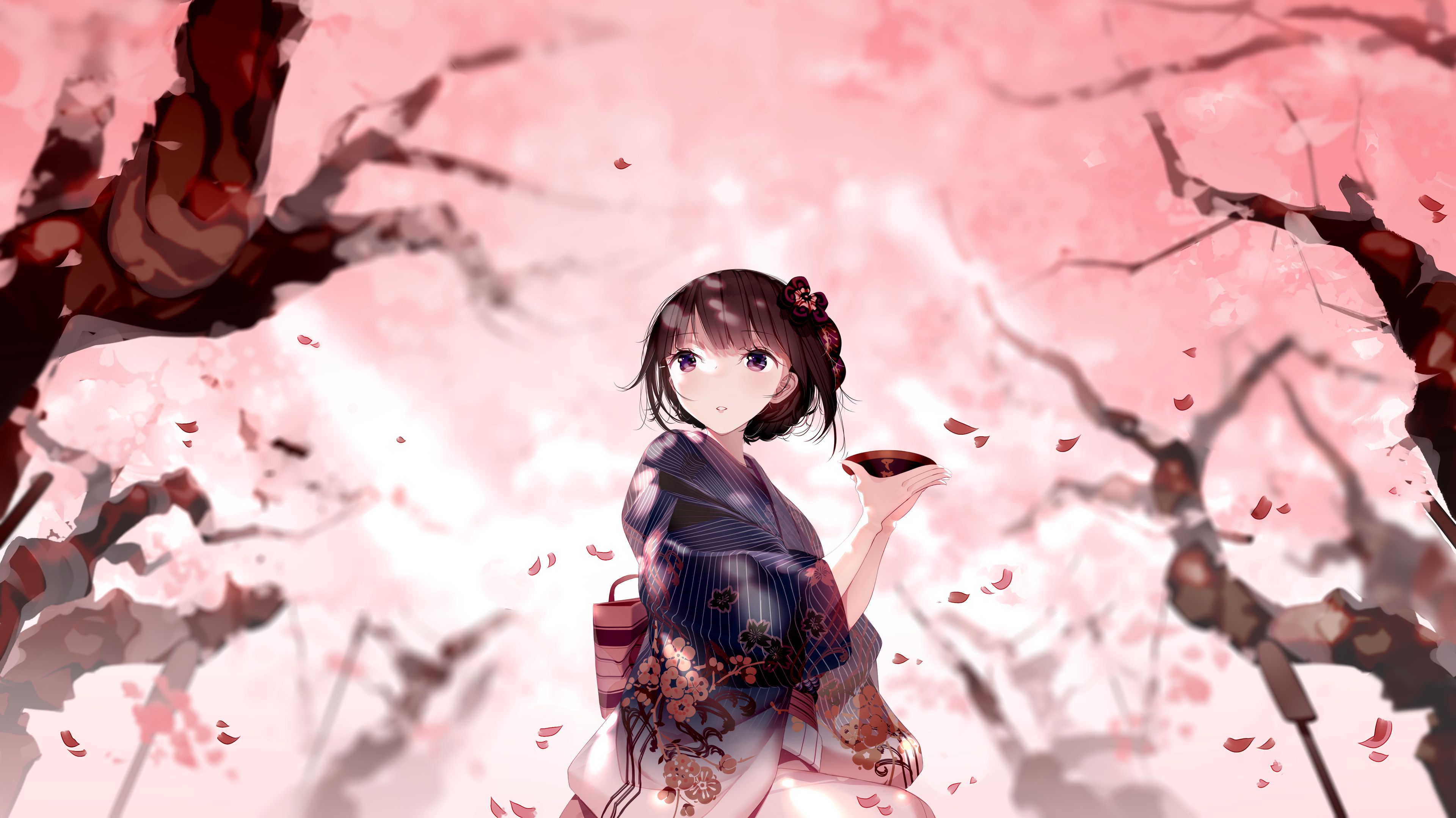 Download wallpaper 3840x2160 girl, kimono, plate, petals, anime, japan 4k uhd 16:9 HD background
