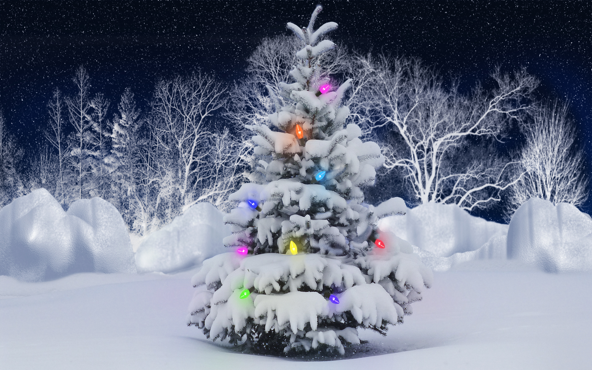 Holidays christmas winter snow lights color trees seasonal stars sky wallpaperx1200