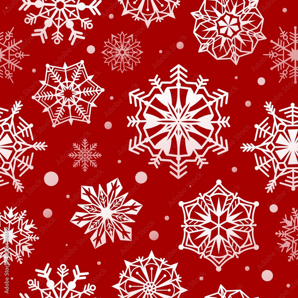 Snowflakes seamless pattern. Abstract christmas snow wallpaper, xmas decorative frost design. Red and white winter holidays wrapper texture Stock Vector