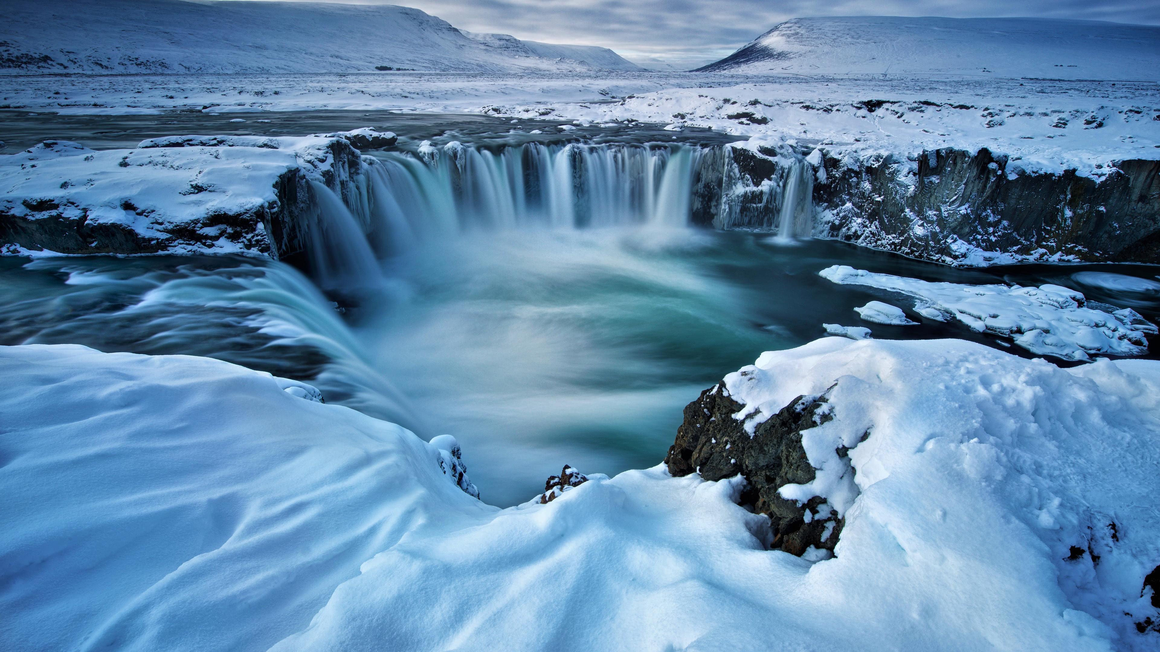 Godafoss Waterfall Winter Iceland UHD 4K Wallpaper