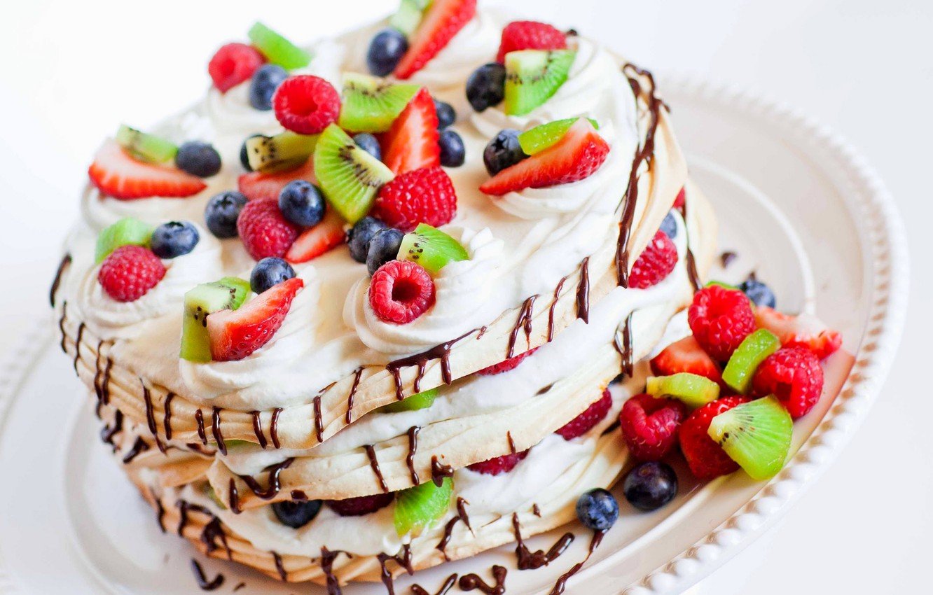 Wallpaper raspberry, food, kiwi, blueberries, strawberry, cake, cake, fruit, cake, cream, dessert, food, sweet, fruits, cream, dessert image for desktop, section еда