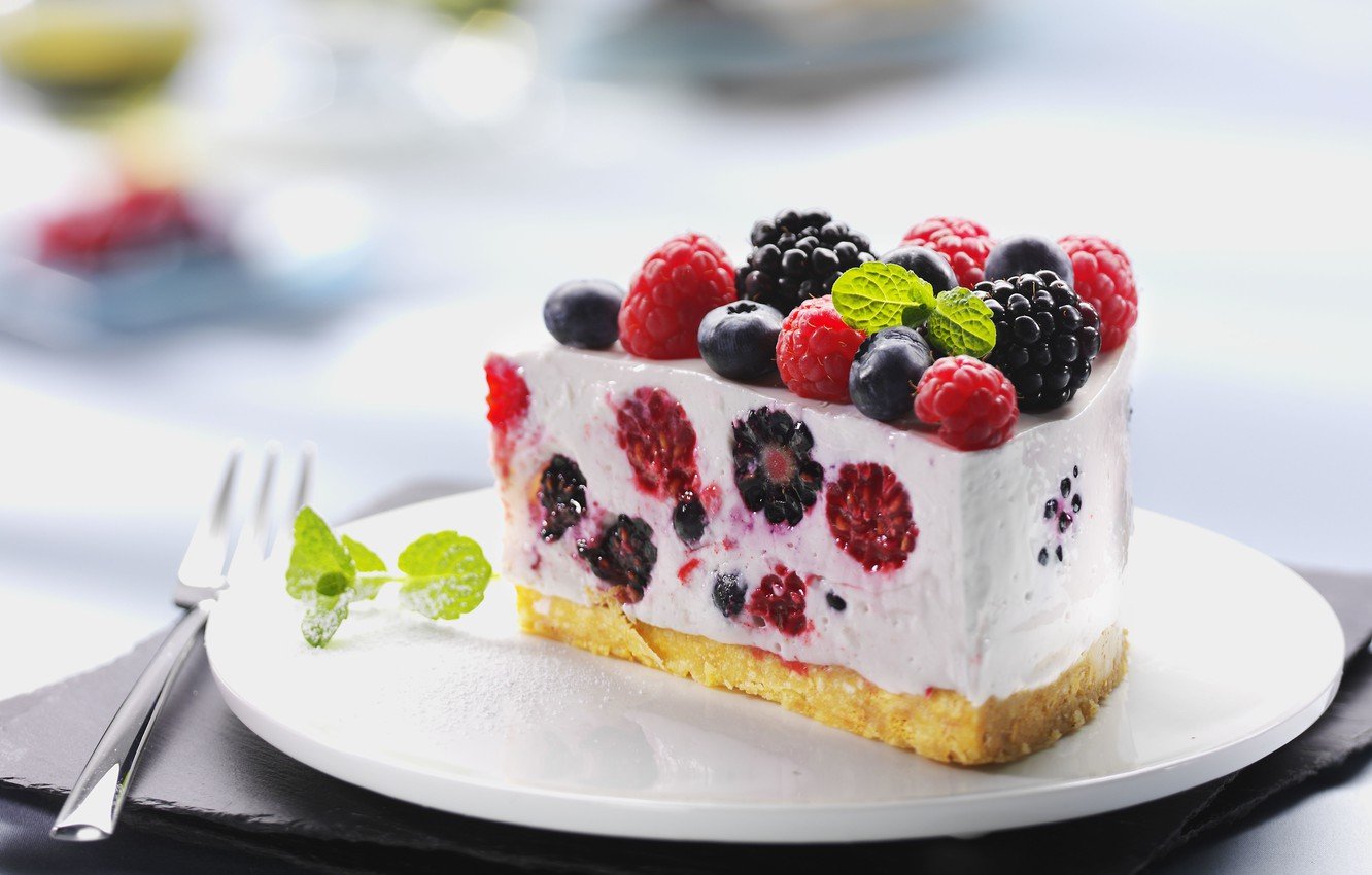 Wallpaper raspberry, food, blueberries, cake, cake, fruit, cake, cream, dessert, food, sweet, fruits, cream, dessert, raspberry, cheesecake image for desktop, section еда