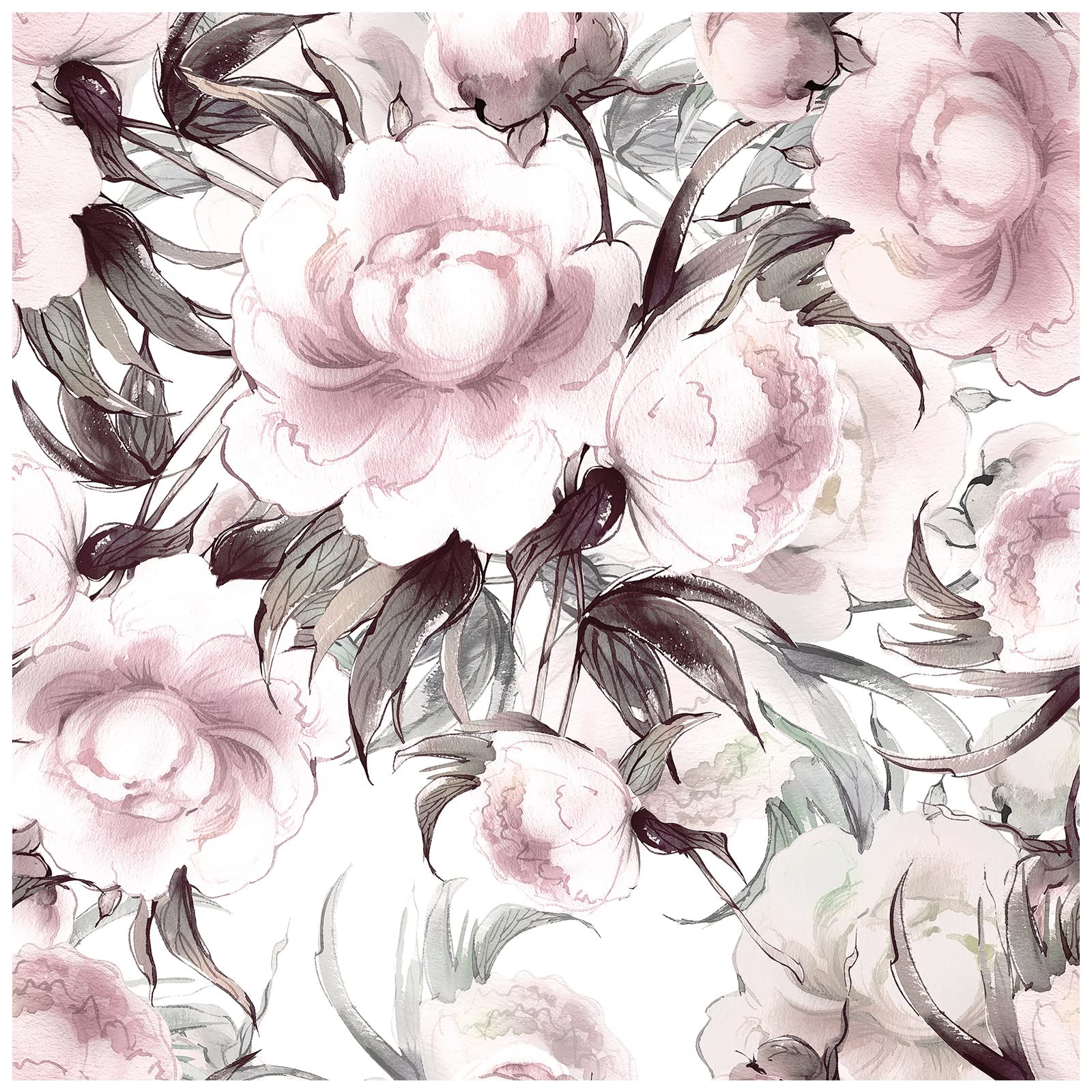 HaokHome 93154 2 Floral Peel And Stick Wallpaper Peonies Removable Rose Brown White Grey Vinyl Self Adhesive Mural 17.7in X 9.8ft
