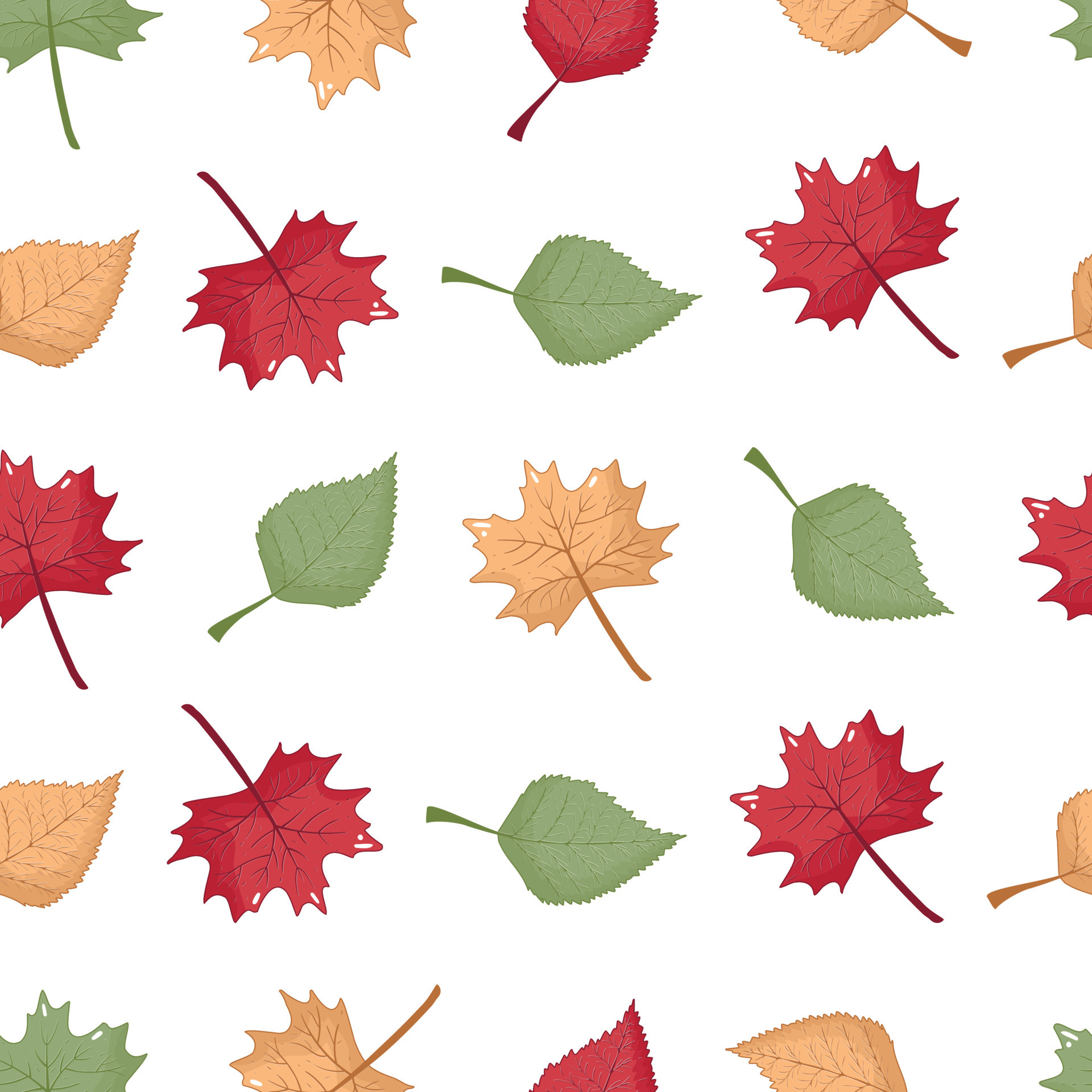 Seamless pattern with autumn cartoon flat green, yellow, red leaves isolated on white background, thanksgiving wallpaper