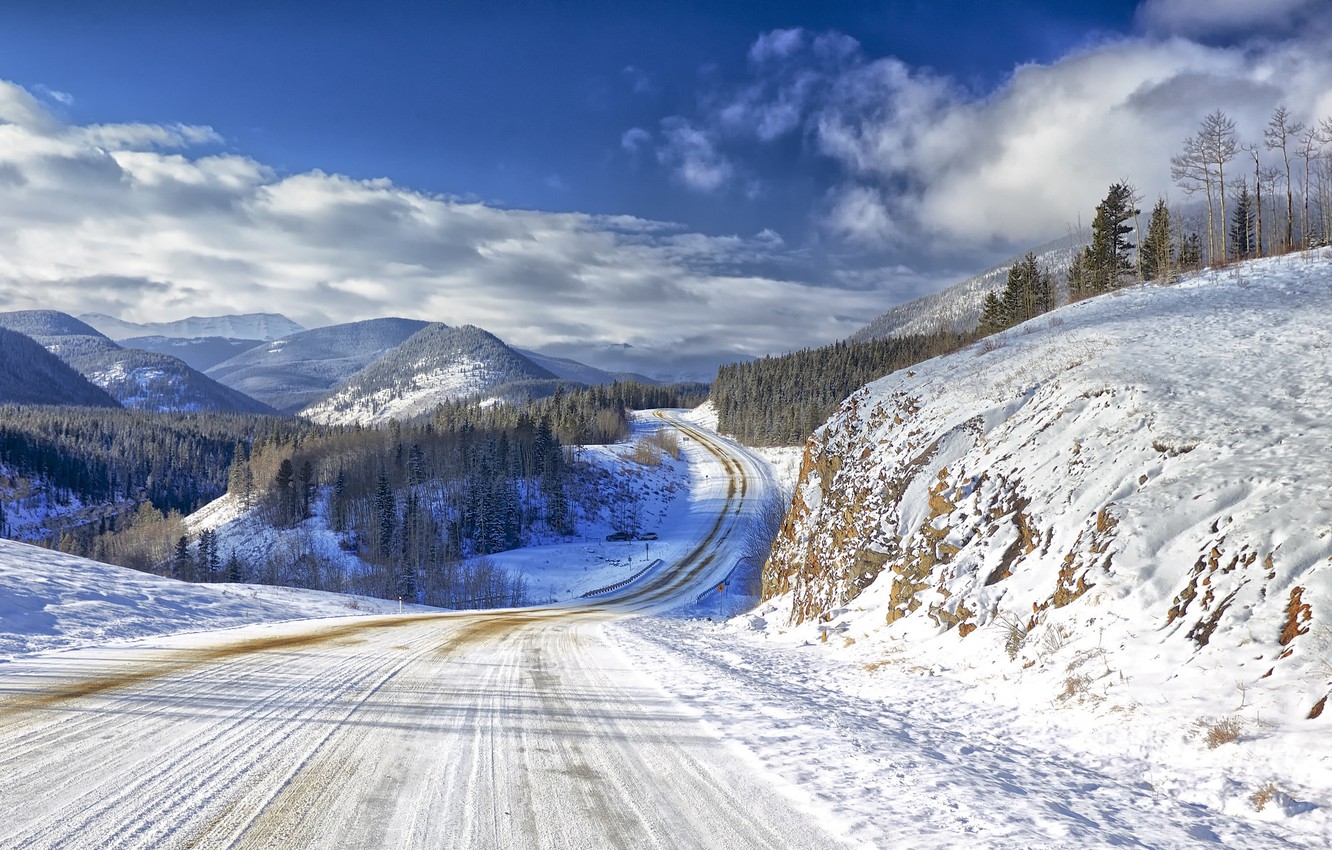 Wallpaper winter, road, the sky, clouds, snow, trees, mountains, nature image for desktop, section пейзажи