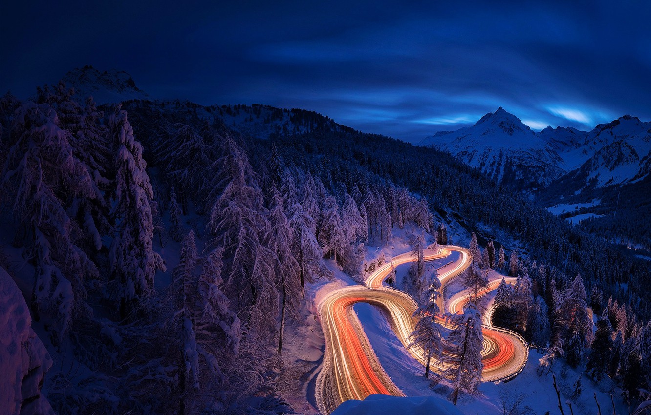 Wallpaper winter, road, forest, light, snow, mountains, night, the evening, excerpt image for desktop, section пейзажи