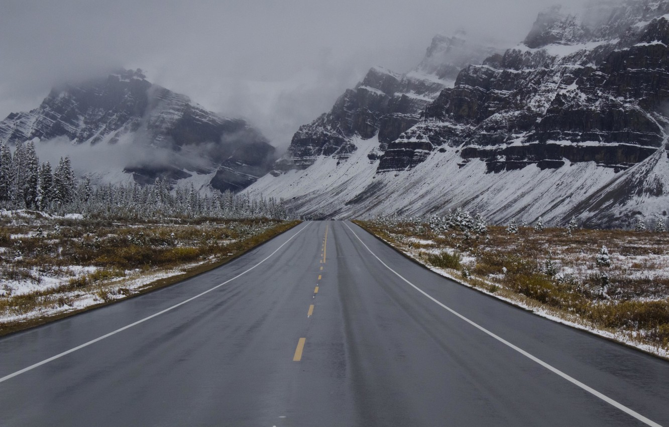 Wallpaper winter, road, clouds, snow, mountains, rainy image for desktop, section пейзажи