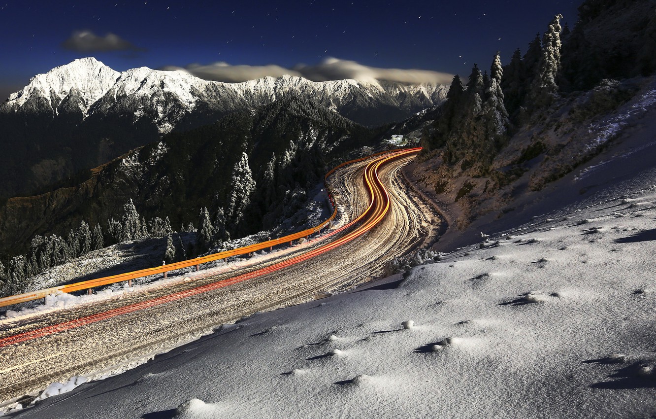 Wallpaper winter, road, mountains, lights image for desktop, section пейзажи