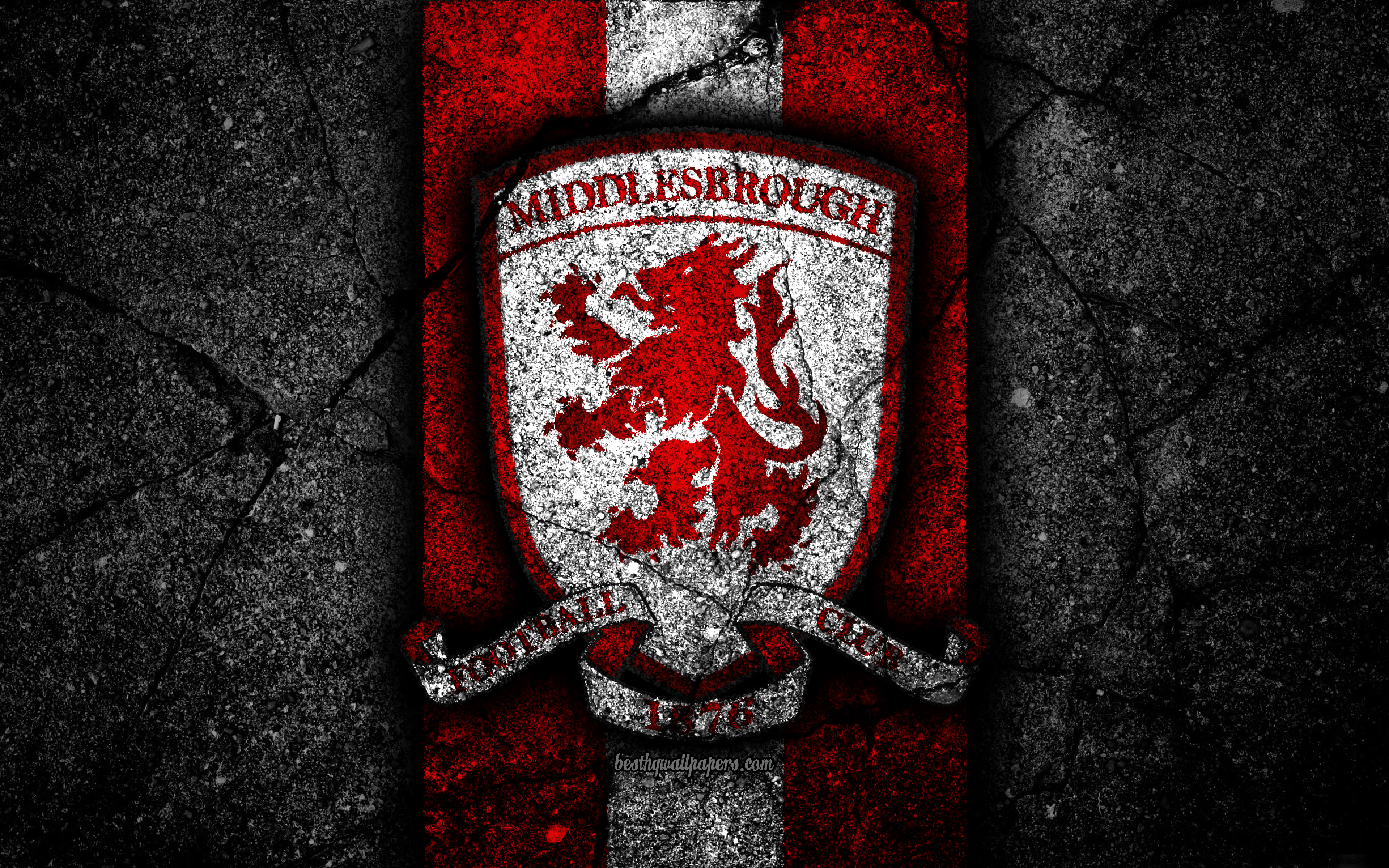 Download wallpaper 4k, Middlesbrough FC, logo, EFL Championship, black stone, football club, England, Middlesbrough, soccer, emblem, asphalt texture, FC Middlesbrough for desktop with resolution 3840x2400. High Quality HD picture wallpaper