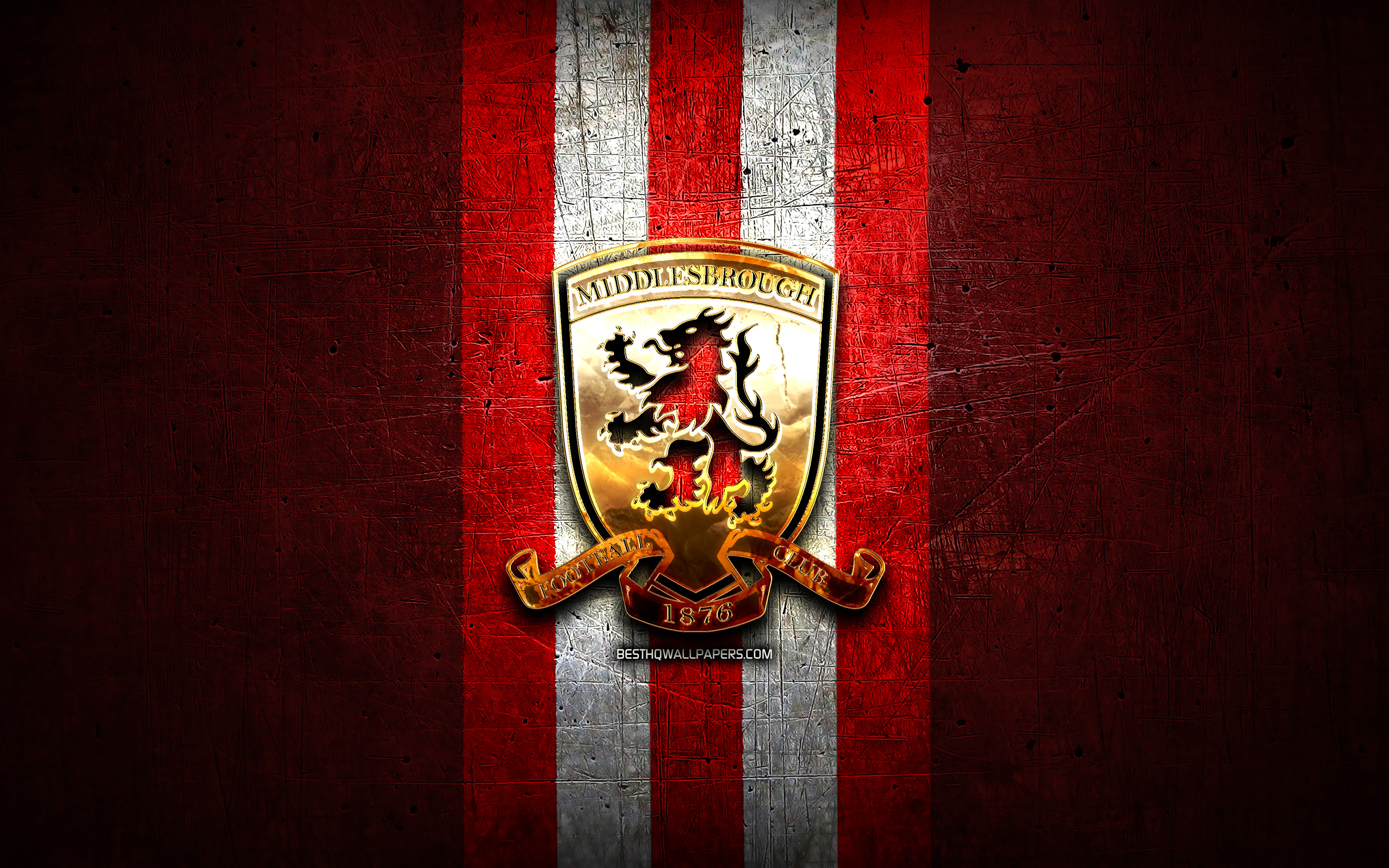 Download wallpaper Middlesbrough FC, golden logo, EFL Championship, red metal background, football, Middlesbrough, english football club, Middlesbrough logo, soccer, England for desktop with resolution 2880x1800. High Quality HD picture wallpaper