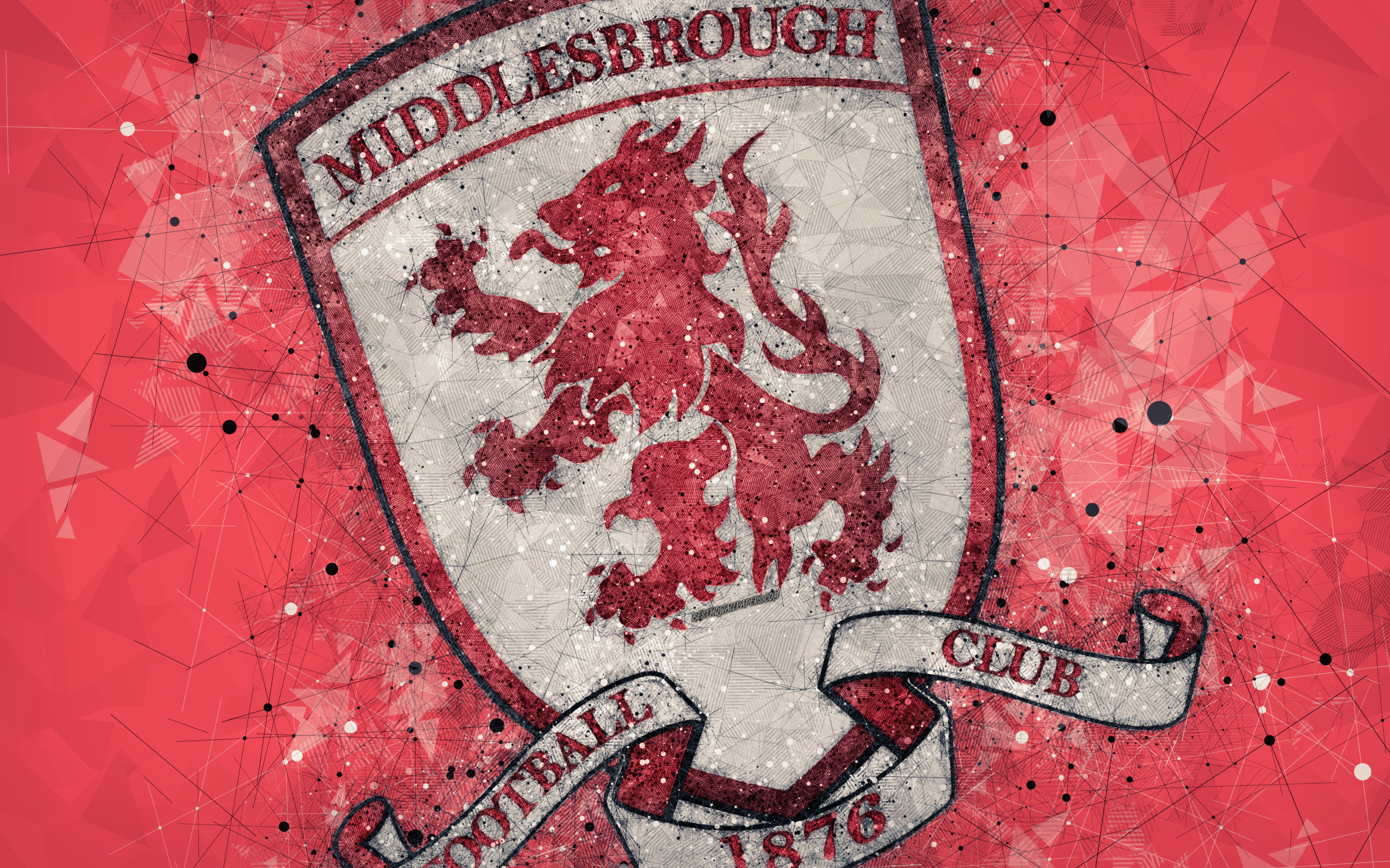 Download wallpaper Middlesbrough FC, 4k, geometric art, logo, red abstract background, English football club, emblem, EFL Championship, Middlesbrough, England, United Kingdom, football, English Championship for desktop with resolution 3840x2400. High