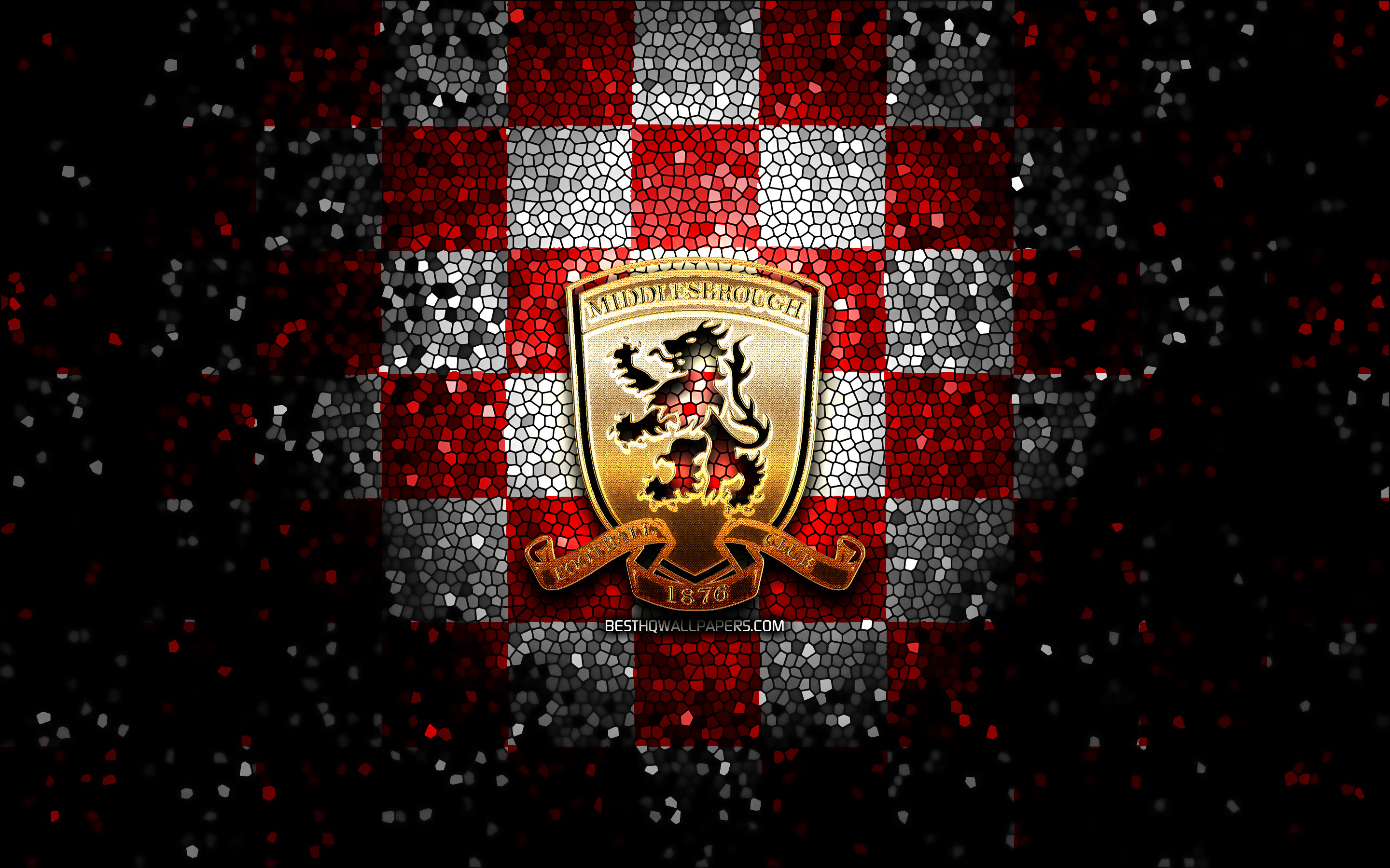 Download wallpaper Middlesbrough FC, glitter logo, EFL Championship, red white checkered background, soccer, english football club, Middlesbrough logo, mosaic art, football, Middlesbrough for desktop with resolution 2880x1800. High Quality HD picture