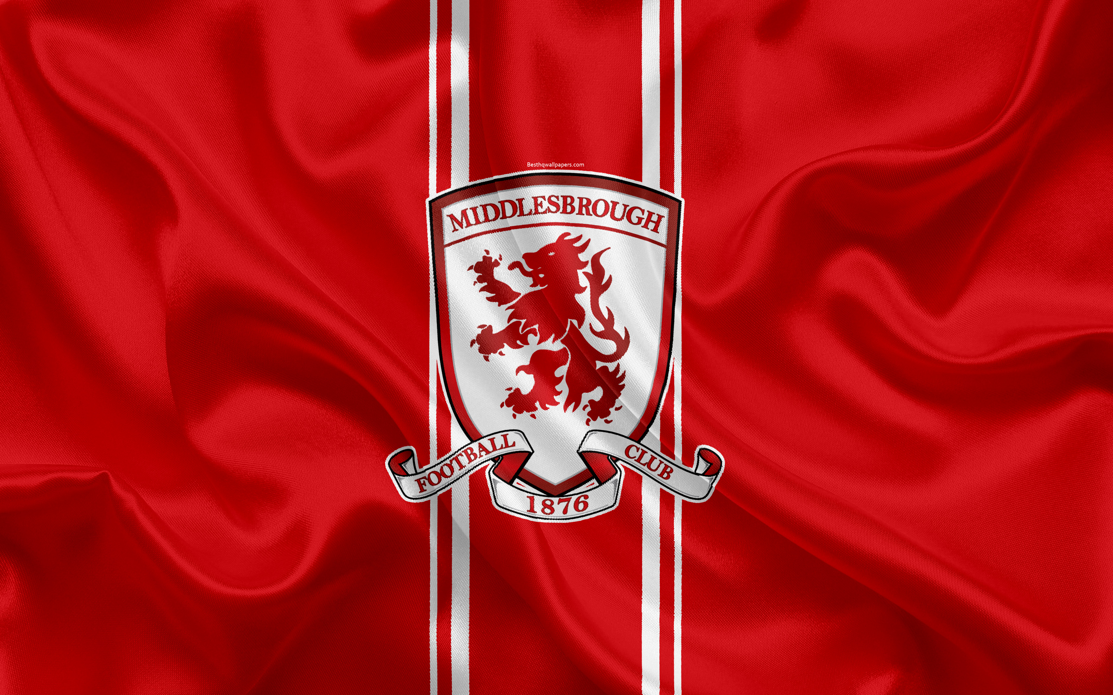 Download wallpaper Middlesbrough FC, silk flag, emblem, logo, 4k, Middlesbrough, UK, English football club, Football League Championship, Second League, football for desktop with resolution 3840x2400. High Quality HD picture wallpaper