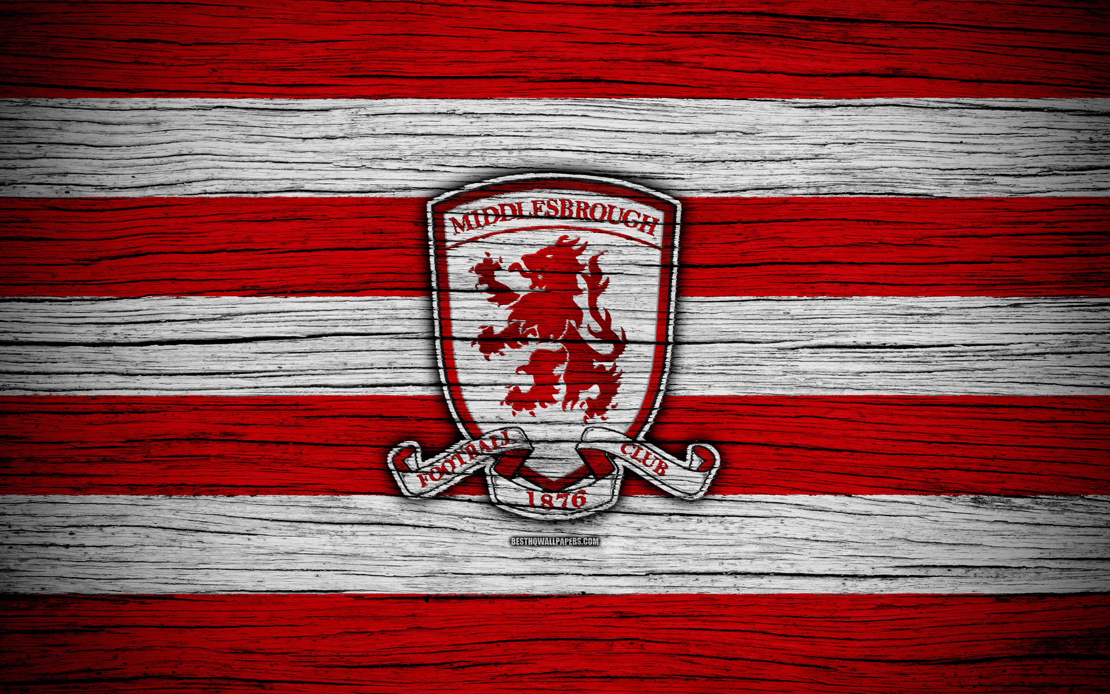 Download wallpaper Middlesbrough FC, 4k, EFL Championship, soccer, football club, England, Middlesbrough, logo, wooden texture, FC Middlesbrough for desktop with resolution 3840x2400. High Quality HD picture wallpaper