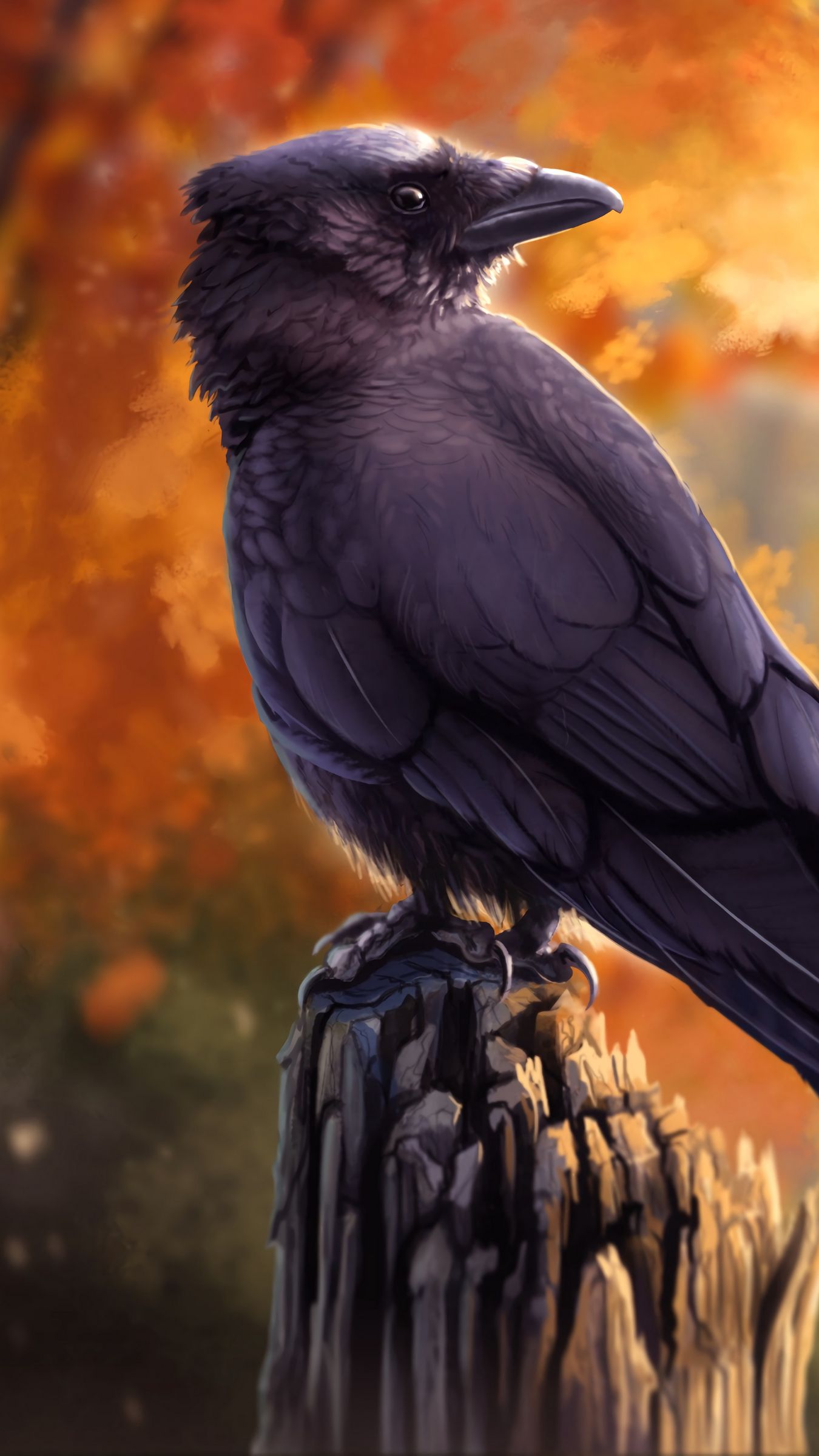 Download wallpaper 1350x2400 raven, bird, art, black, autumn iphone 8+/7+/6s+/for parallax HD background