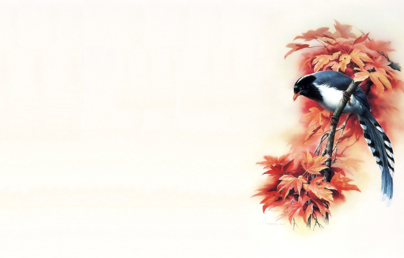 Wallpaper autumn, bird, minimalism, branch, East, master, art, painting image for desktop, section минимализм