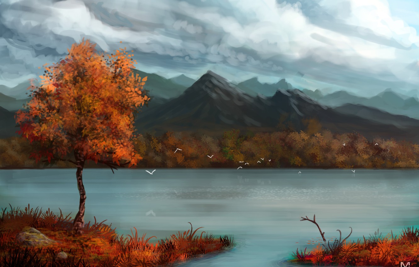 Wallpaper autumn, mountains, birds, clouds, river, tree, art image for desktop, section живопись