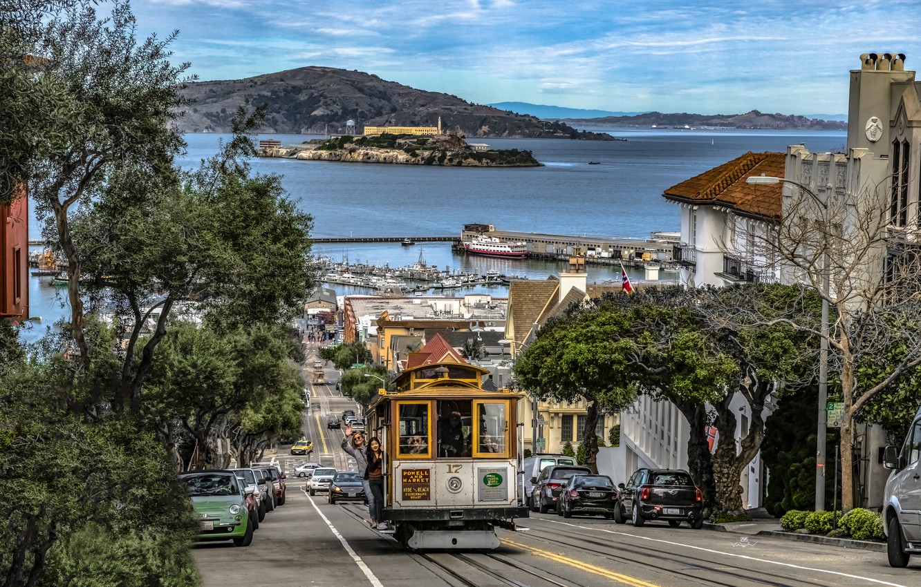 Wallpaper road, the ocean, street, coast, building, home, CA, San Francisco, tram, USA, Hyde Street image for desktop, section город