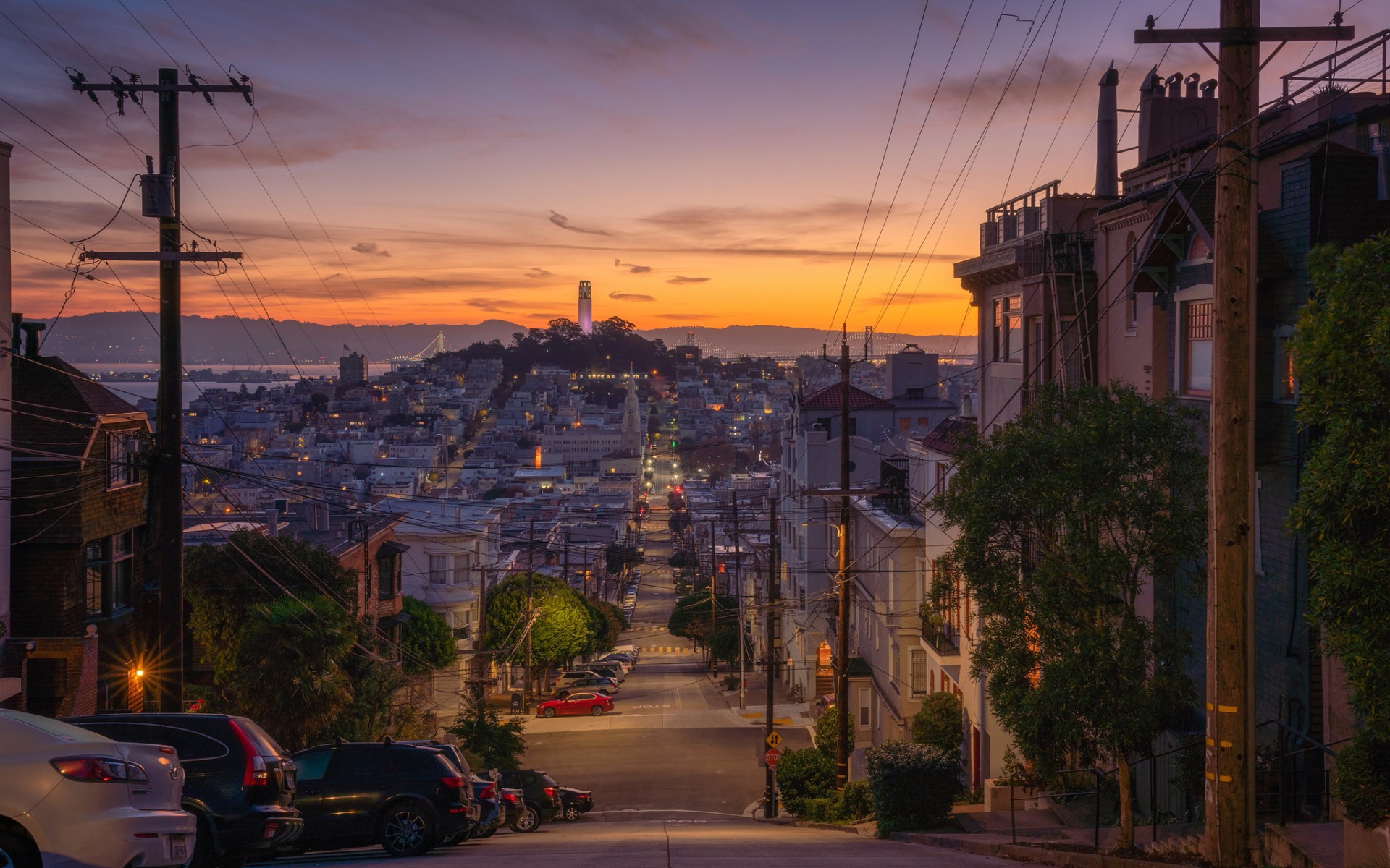 Download wallpaper San Francisco, California, evening, streets, sunset, San Francisco cityscape, houses, USA for desktop with resolution 1920x1200. High Quality HD picture wallpaper