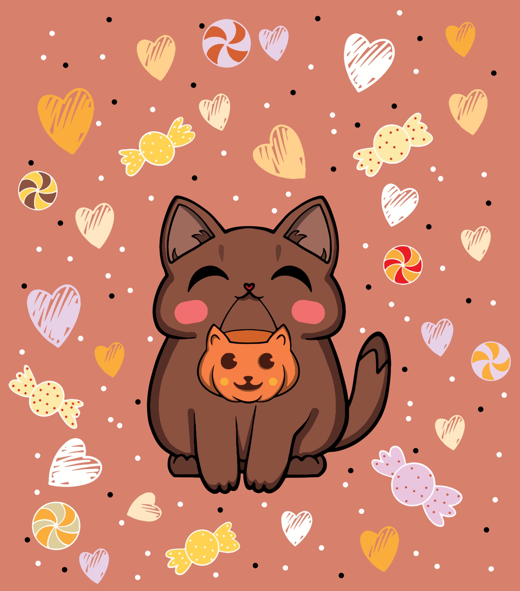 Halloween cat illustration. Drawn cute cat with a pumpkin sweets
