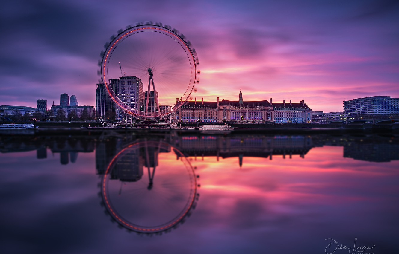 Wallpaper sunset, reflection, river, London, Thames, Ferris wheel, Didier Lanore image for desktop, section город