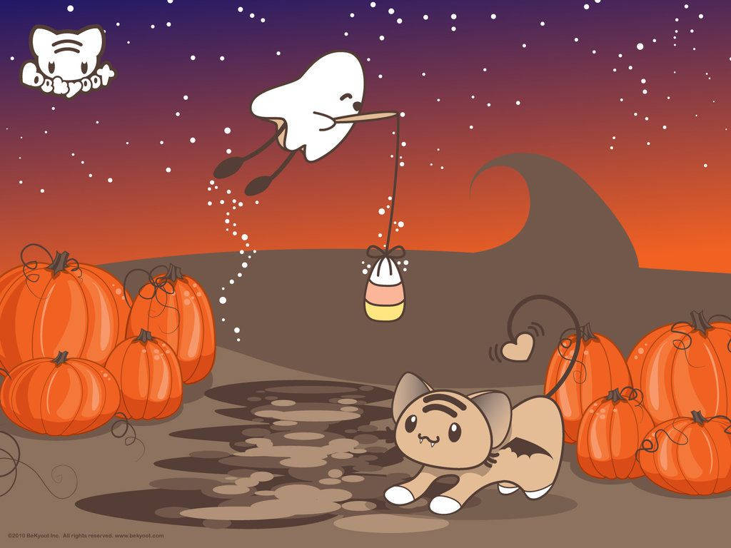 Download Kawaii Halloween Stretching Cat Wallpaper