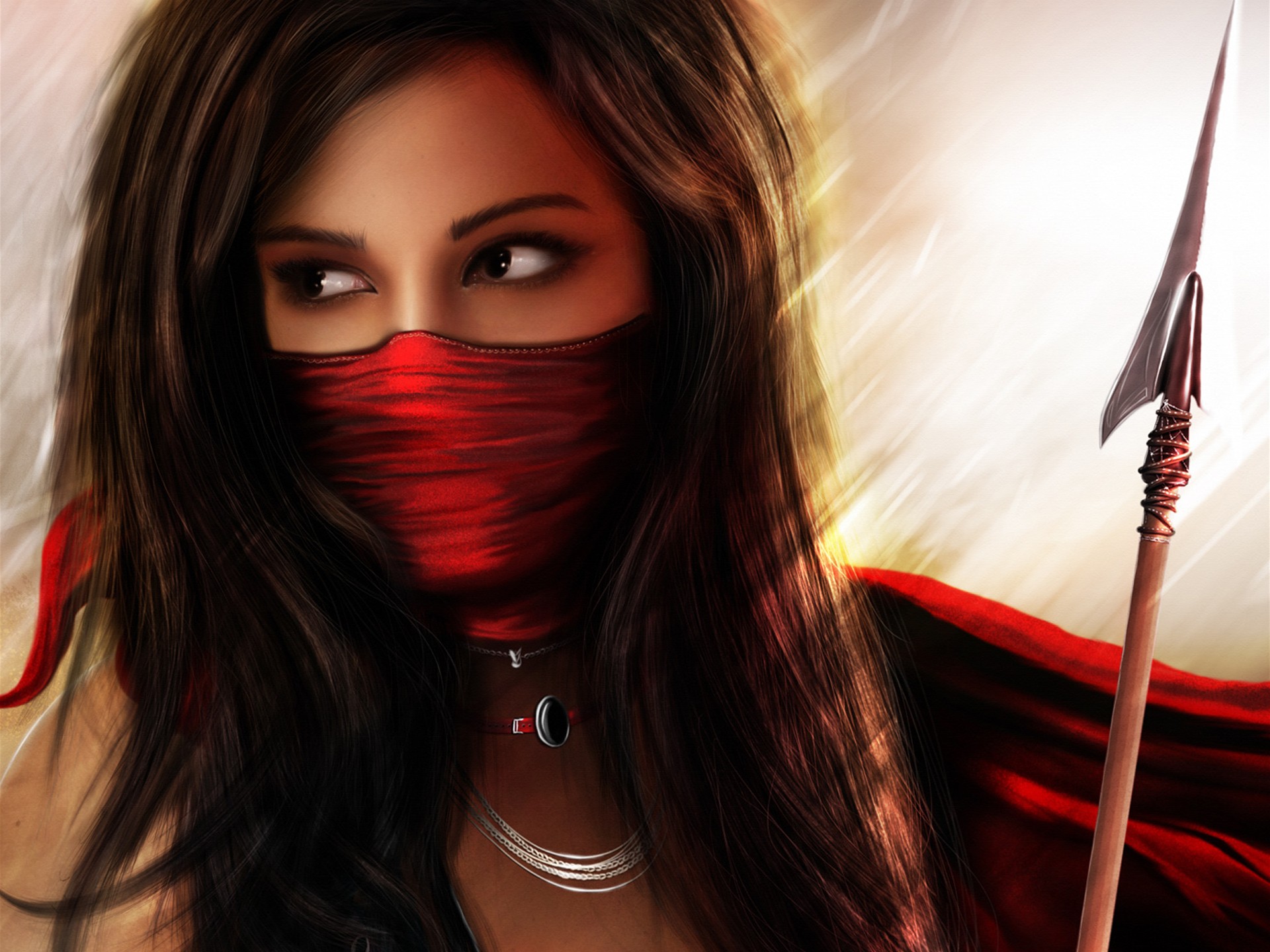 manipulations, Cg, Digital, Art, Art, Fantasy, Warriors, Spear, Weapons, Brunettes, Face, Mask, Eyes, Jewelry, Light, Backlit, Scarf, Maiden, Red, Colors, Women, Females, Girls, Babes, Style, Look, Stare Wallpaper HD / Desktop and