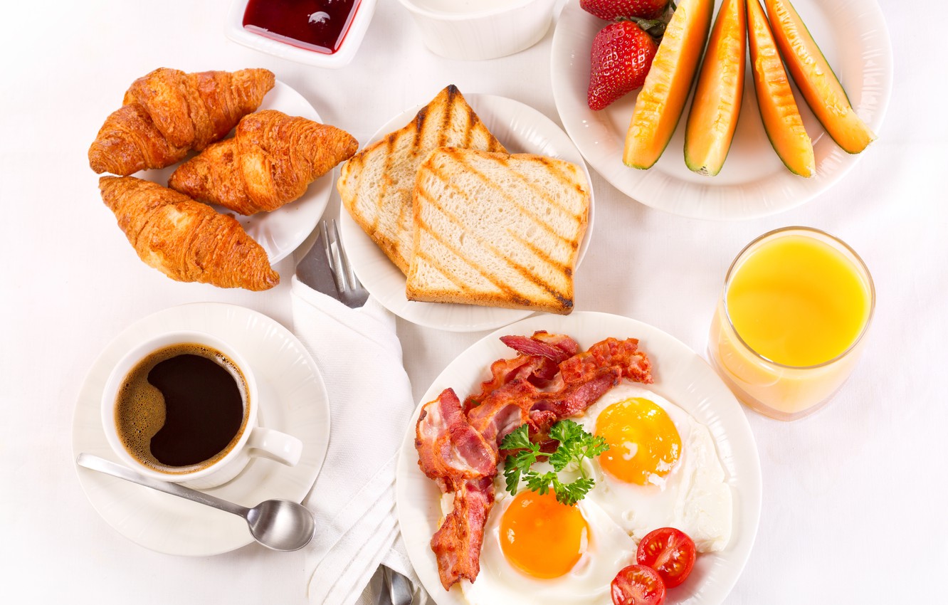 Wallpaper coffee, Breakfast, cream, strawberry, juice, fruit, scrambled eggs, cup, jam, tray, bacon, coffee, toast, croissants, growing, breakfast image for desktop, section еда