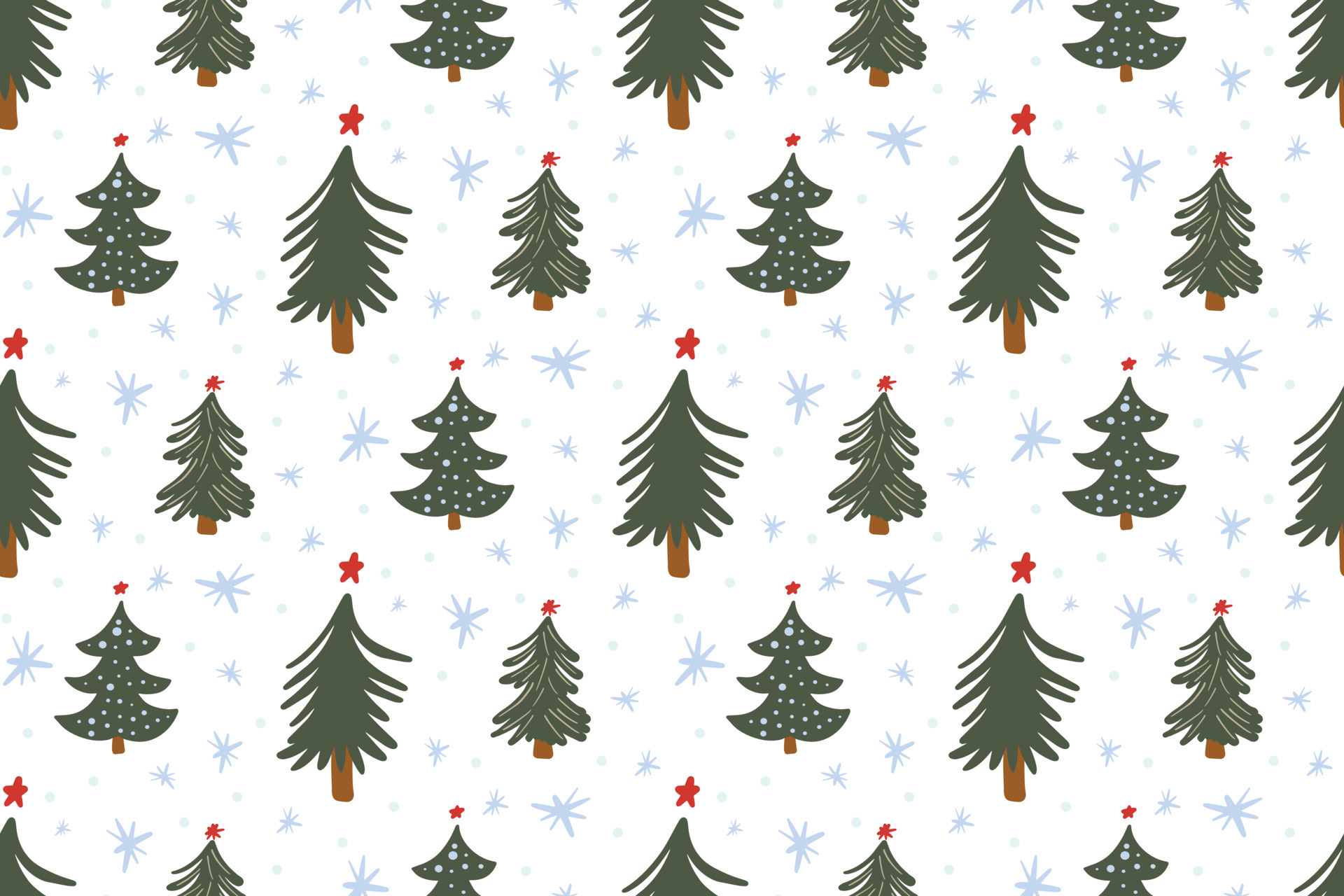 Cute winter seamless pattern background with Christmas tree simple doodles and snowflakes in childish hand drawn style. Seasonal New Year holiday festive backdrop texture, print