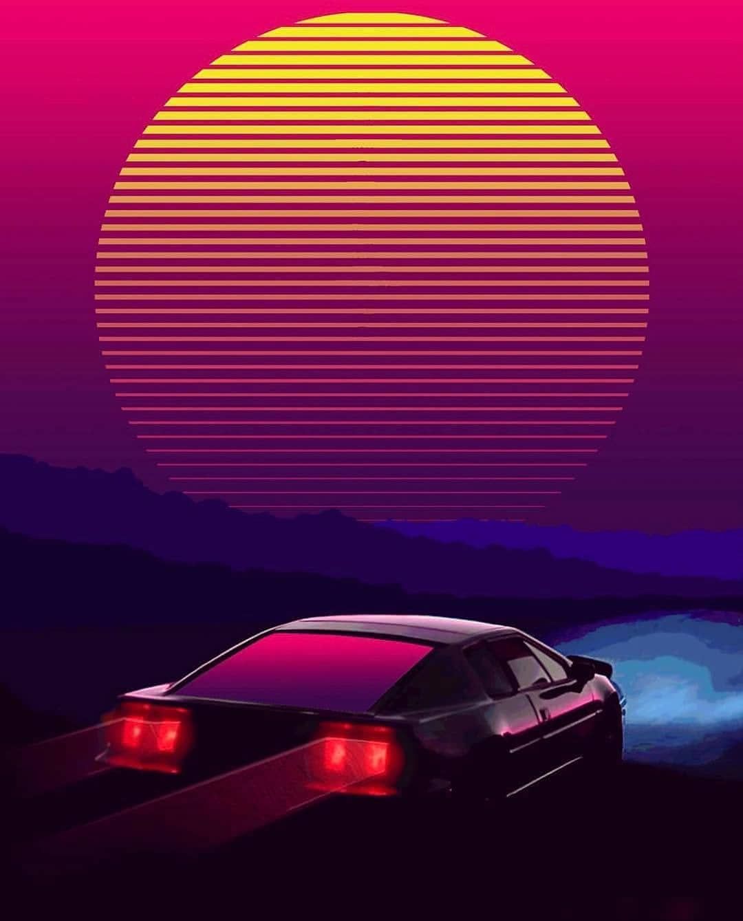 Outrun Synthwave 80s Club Disco Moon sunset yellow and old school american muscle driving night. Synthwave, Retro style art, Synthwave art