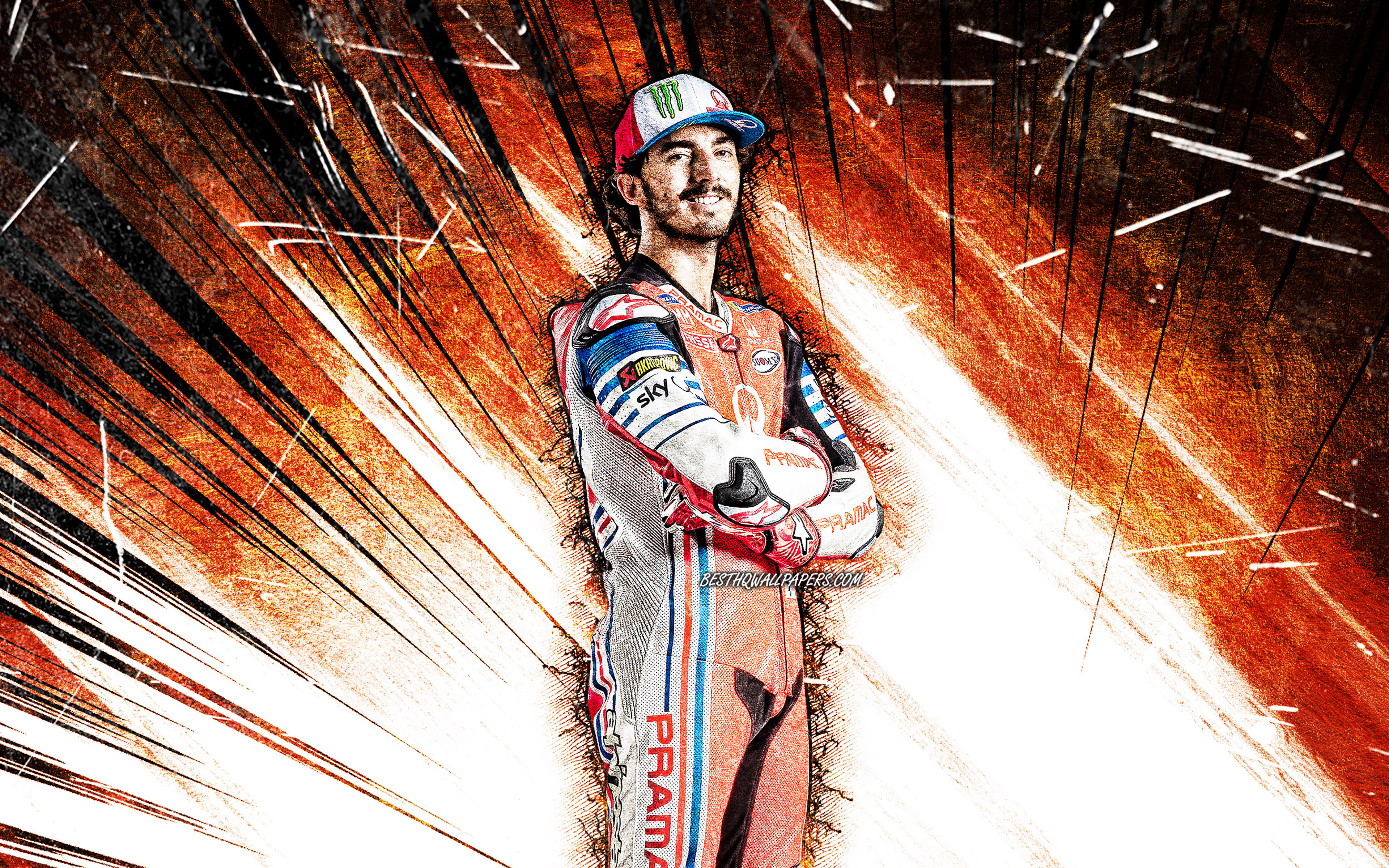 Download wallpaper 4k, Francesco Bagnaia, grunge art, Alma Pramac Racing team, italian motorcycle racer, MotoGP, orange abstract rays, Pecco Bagnaia, MotoGP World Championship, Francesco Bagnaia 4K for desktop with resolution 3840x2400. High