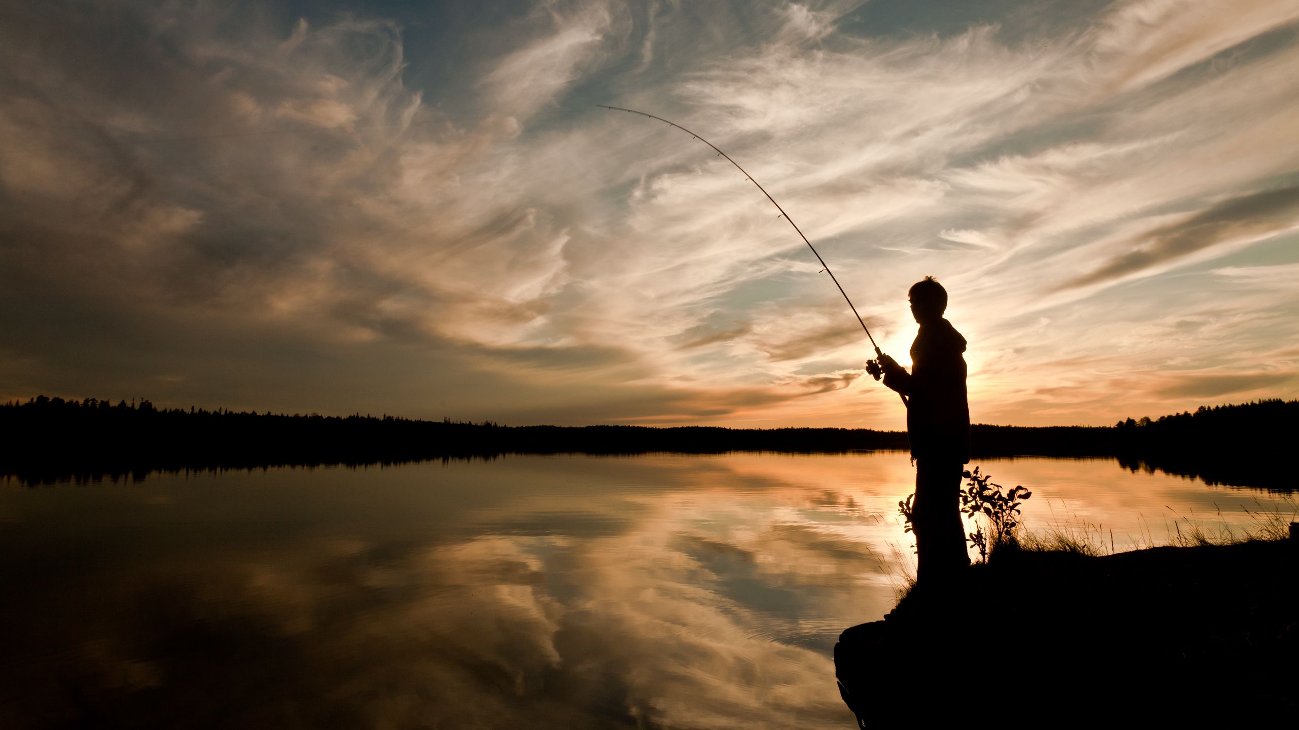 Download wallpaper 2560x1440 silhouette, fisherman, fishing rod, fishing, lake, dark widescreen 16:9 HD background
